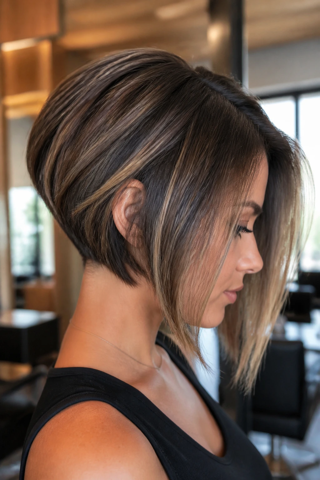 Close-up portrait of a real woman with an inverted bob featuring a high back and longer front, lit by warm window light.
