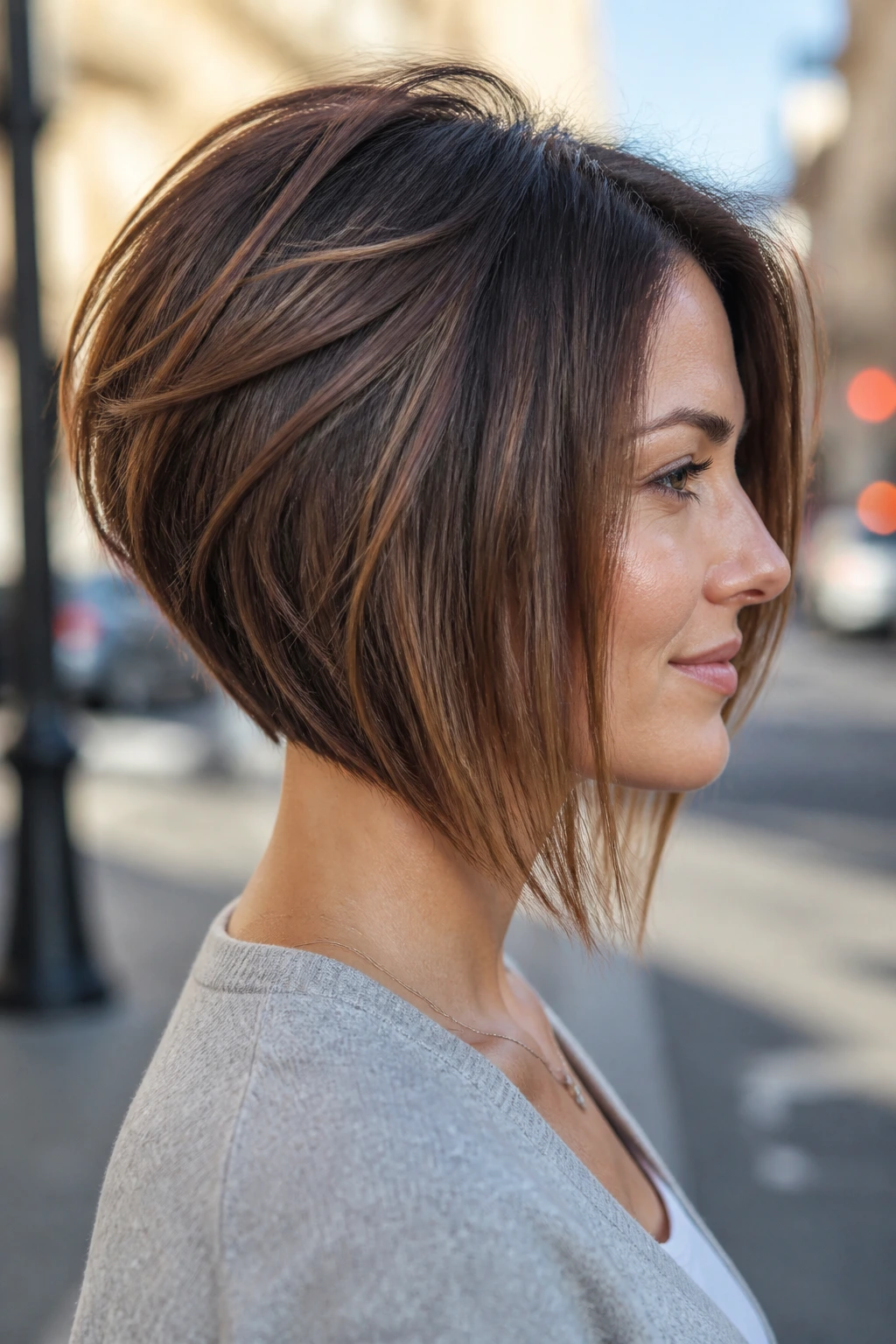 Close-up portrait of a real woman with an inverted bob showing lifted crown and stacked back layers.