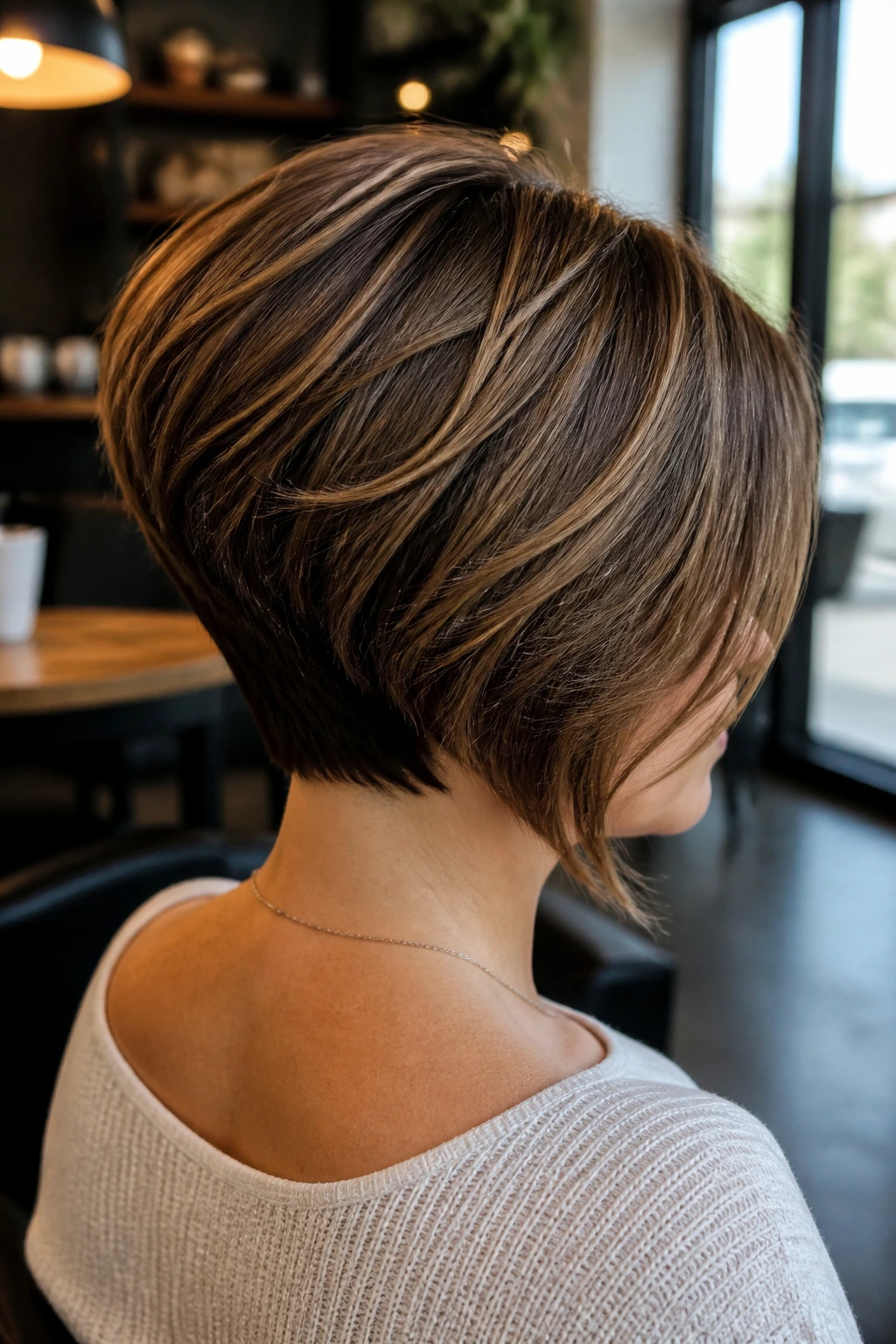 Back view of a real woman with inverted bob lifted at the nape