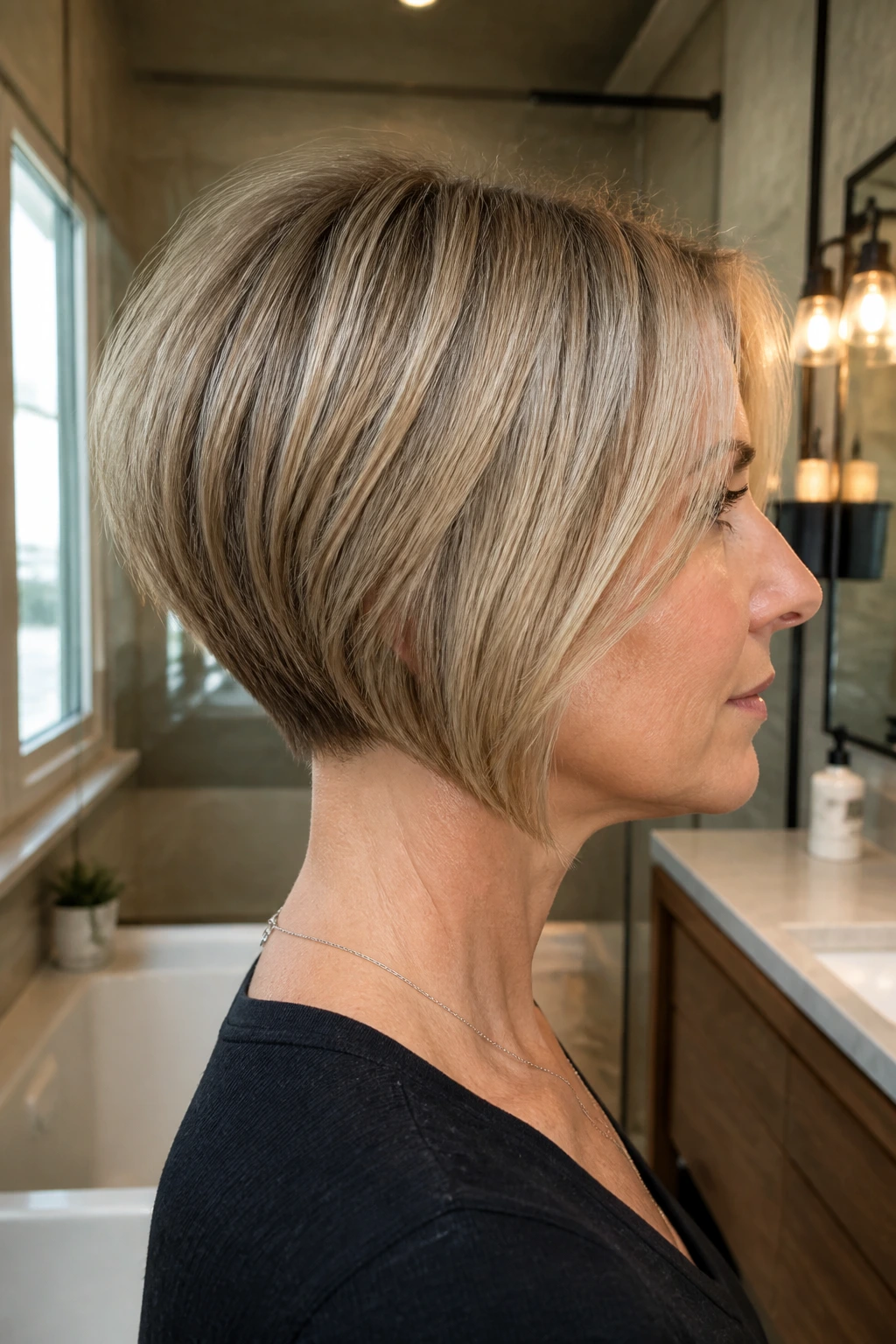 Profile portrait of a real woman with an inverted bob and lifted nape