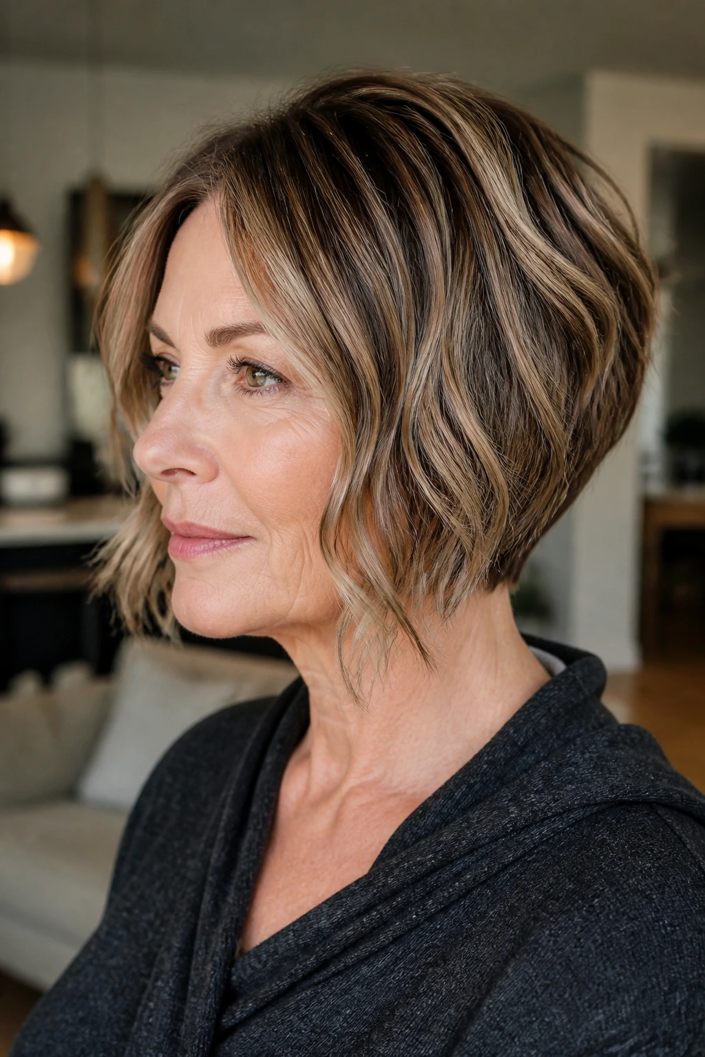 Close-up of an older woman with an inverted bob and loose front pieces