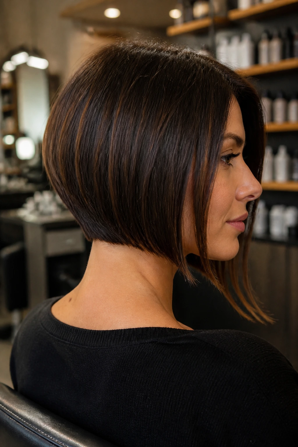 Real woman in salon showing nape and front corner trim of inverted bob
