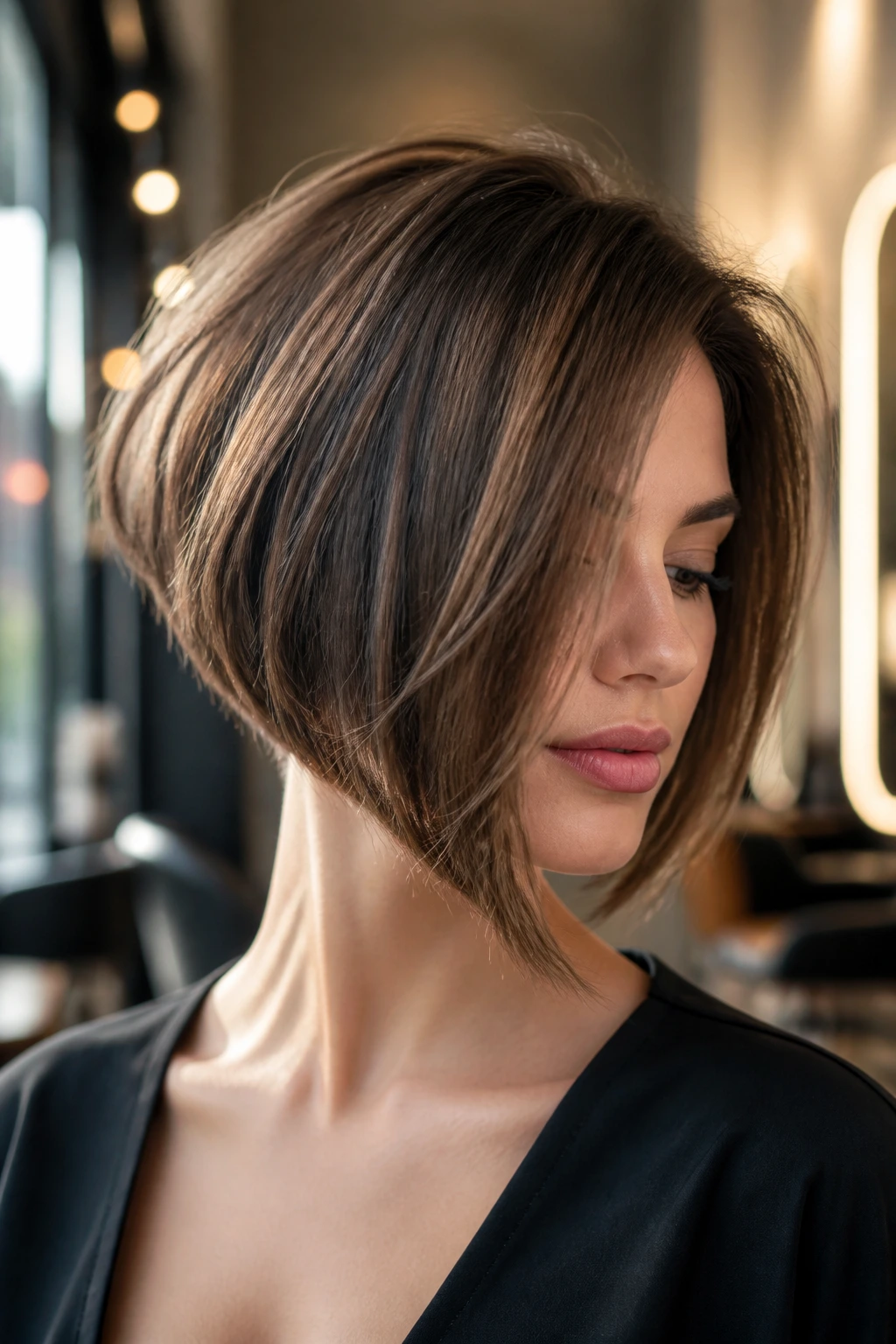 Close-up portrait of a real woman with an inverted bob, dramatic front movement in warm salon light