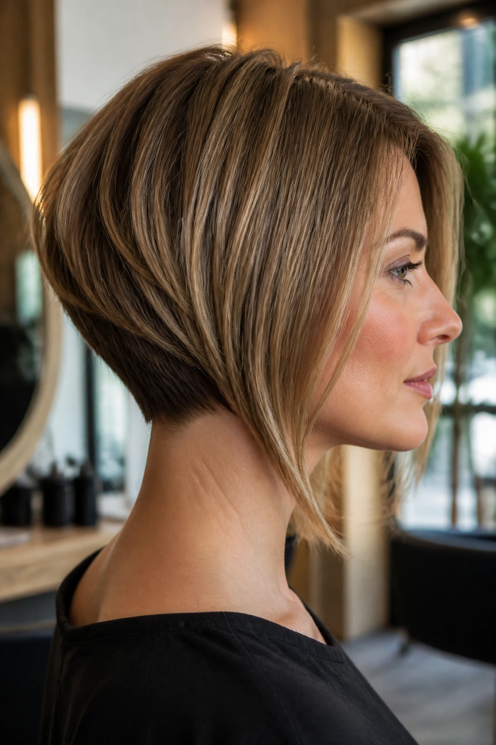 Close-up profile of a real woman with an inverted bob showing lifted nape and stacked back.