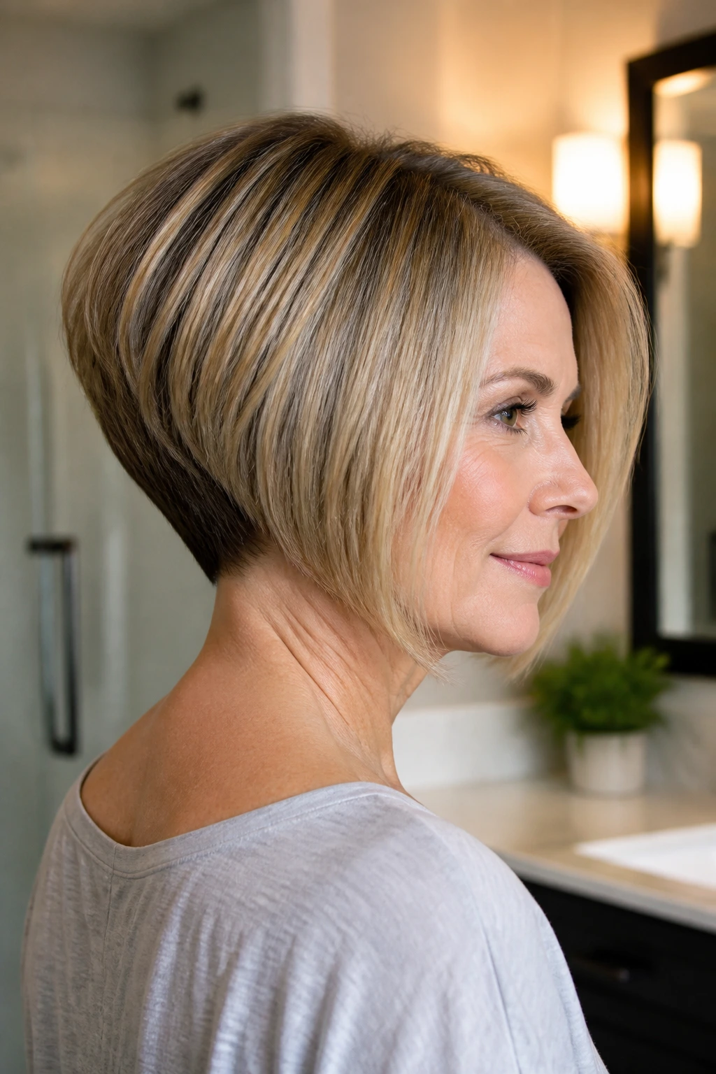 3/4 profile of a real woman with inverted bob showing smooth nape