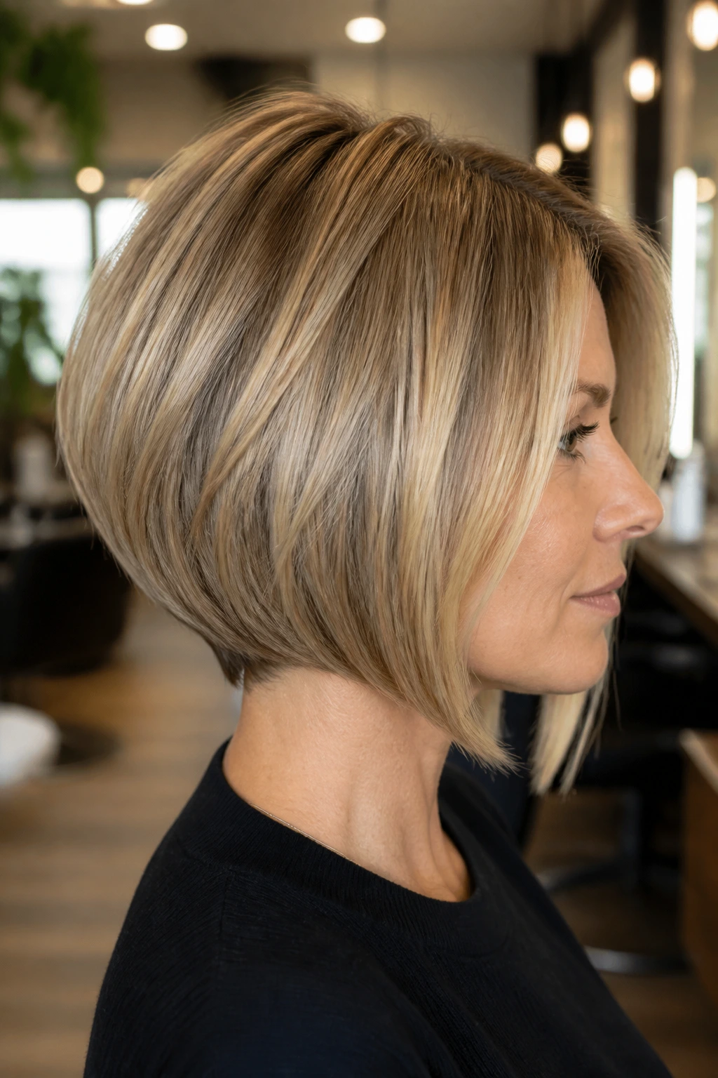 Close-up portrait of a real woman with inverted bob and light nape stack in a sunlit salon