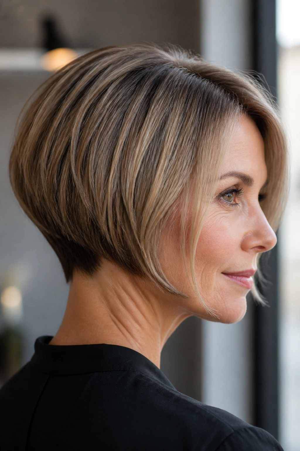 Portrait of a real woman with an inverted bob and neat nape