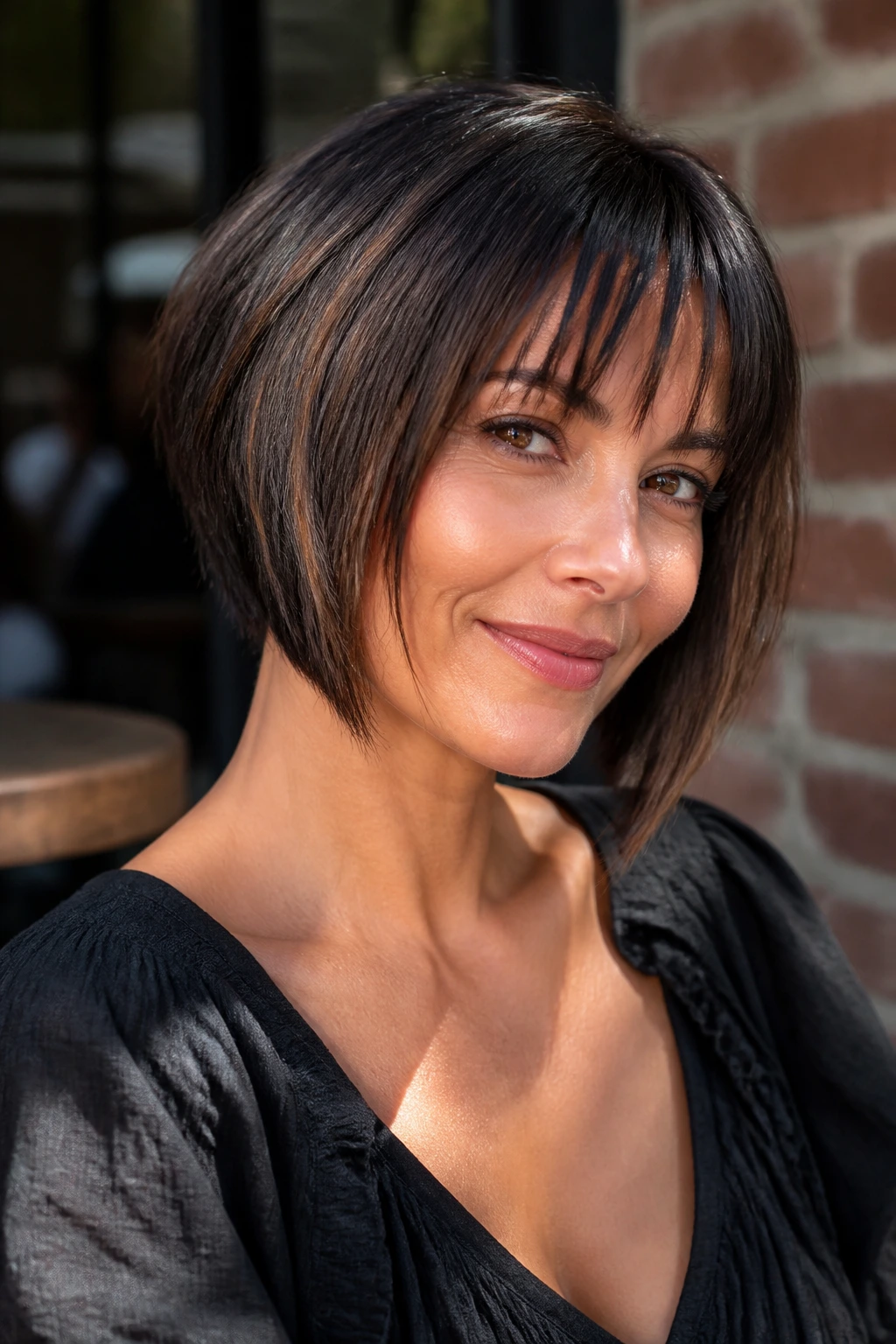 Real woman with inverted bob and piecey fringe in sunlit cafe