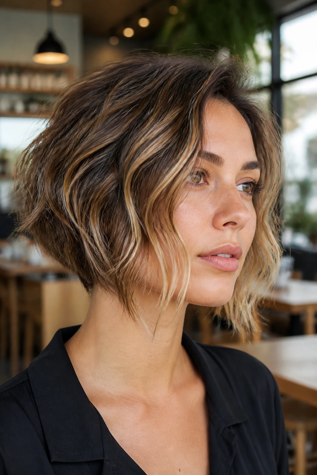 Three-quarter portrait of a real person with inverted bob and piecey waves