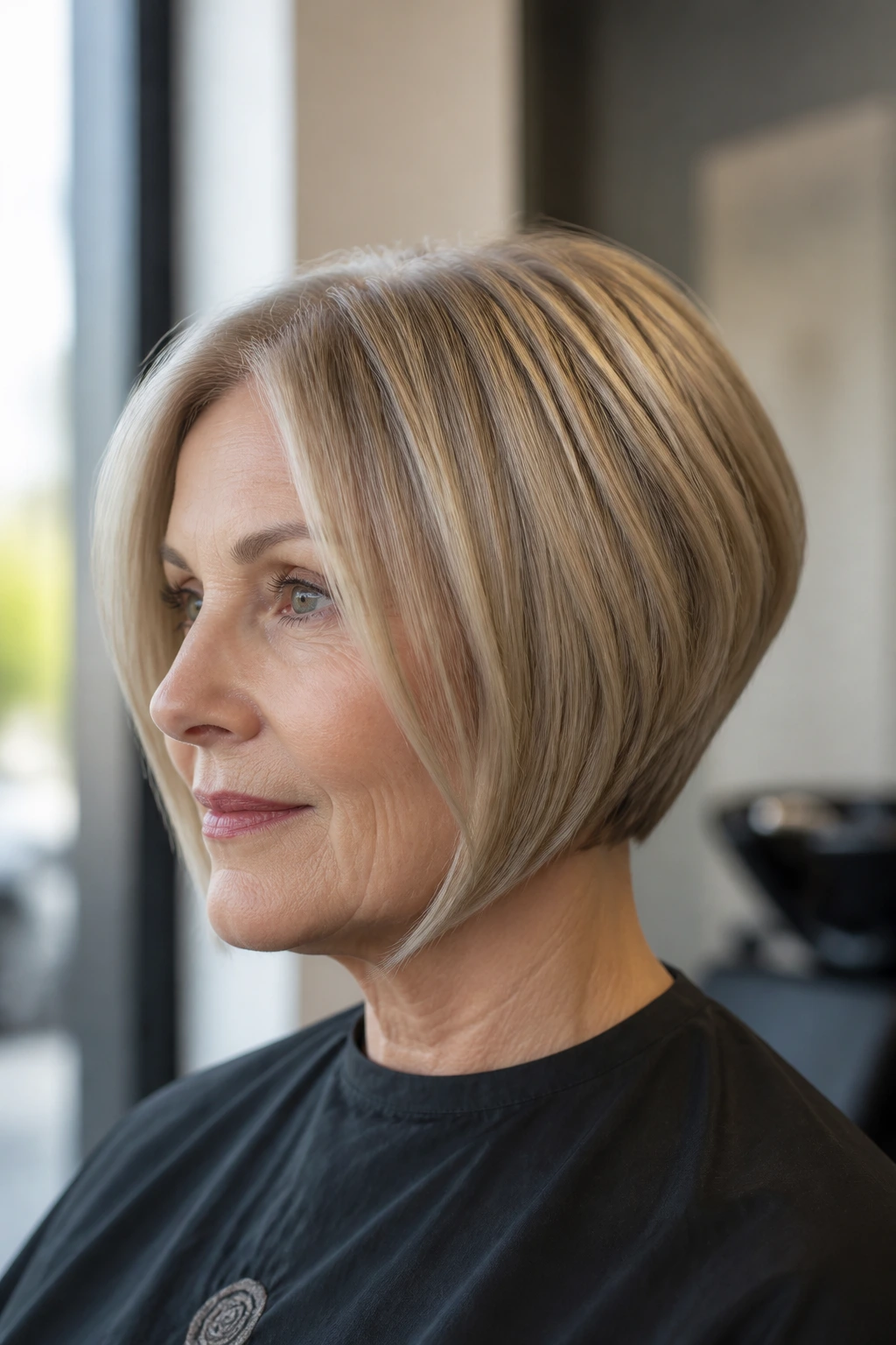 Close-up portrait of a real woman with an inverted bob; back is shorter than front.