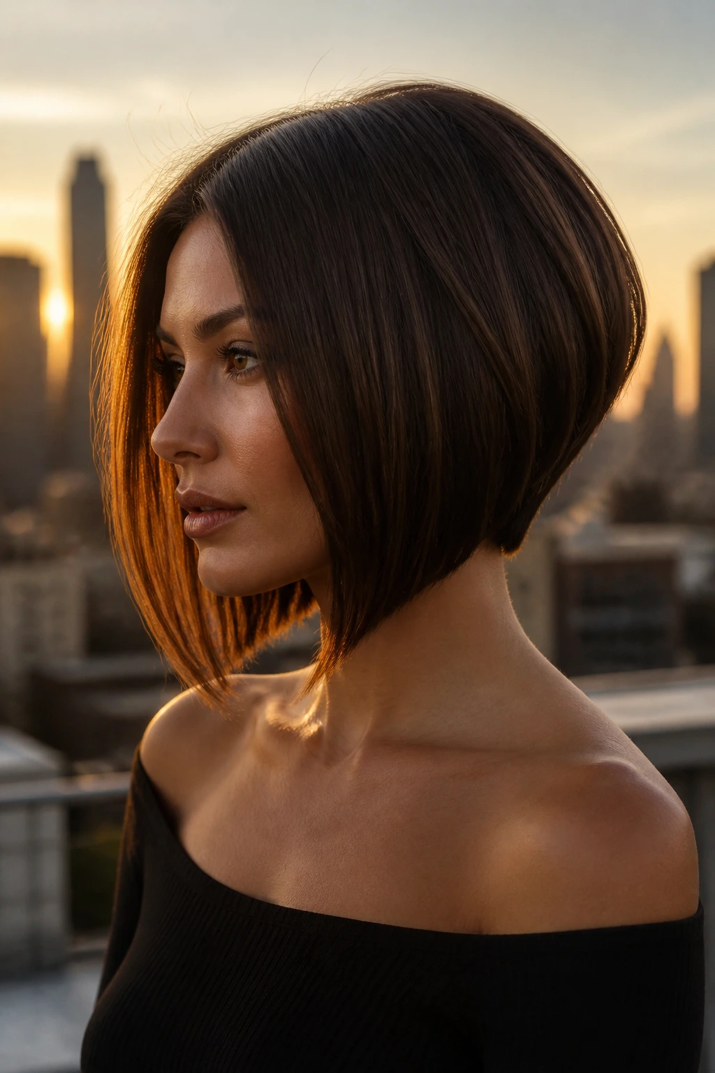 Close-up of a real woman with an inverted bob hairstyle
