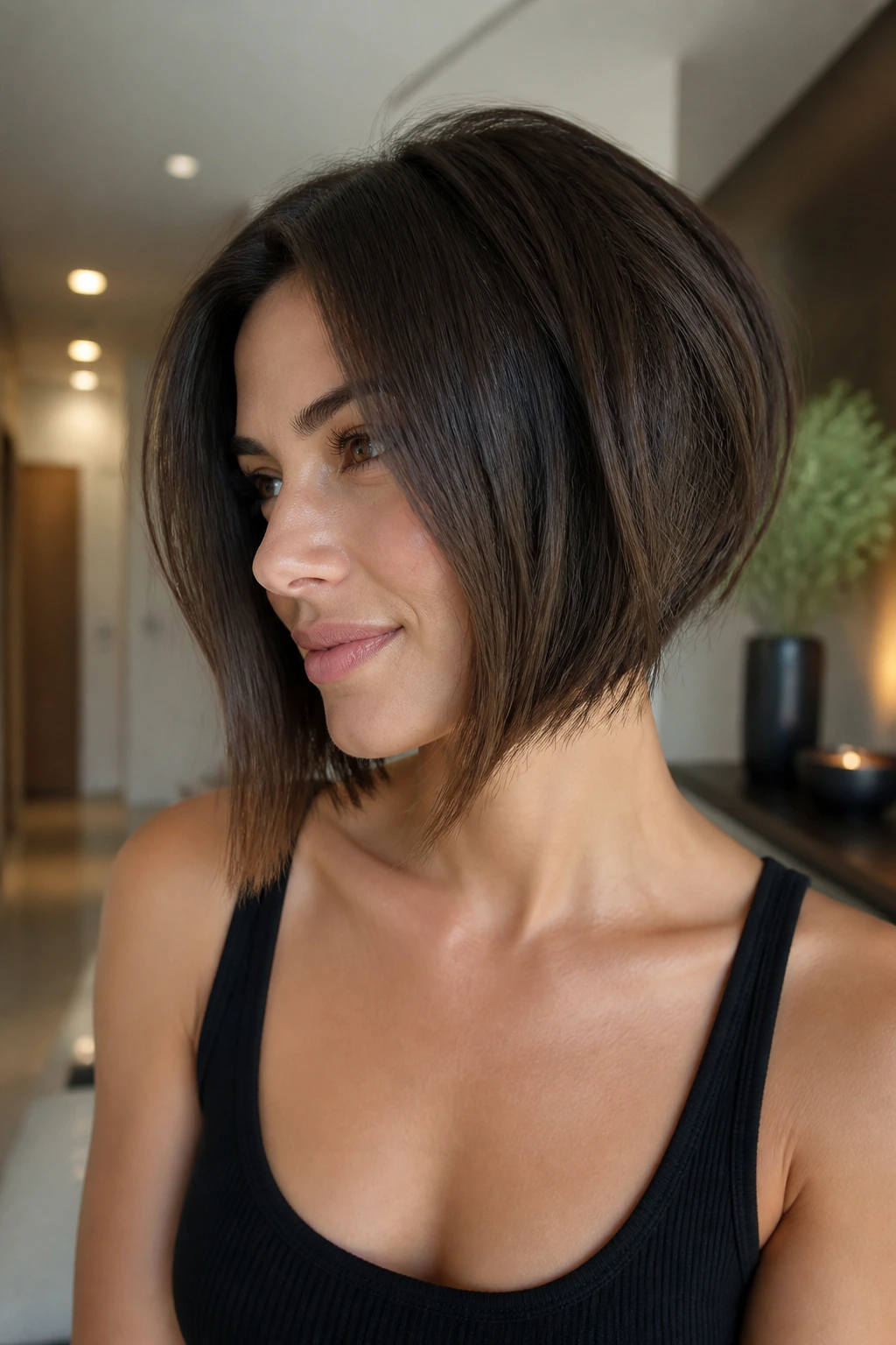 Close-up portrait of real woman with inverted bob framing jaw