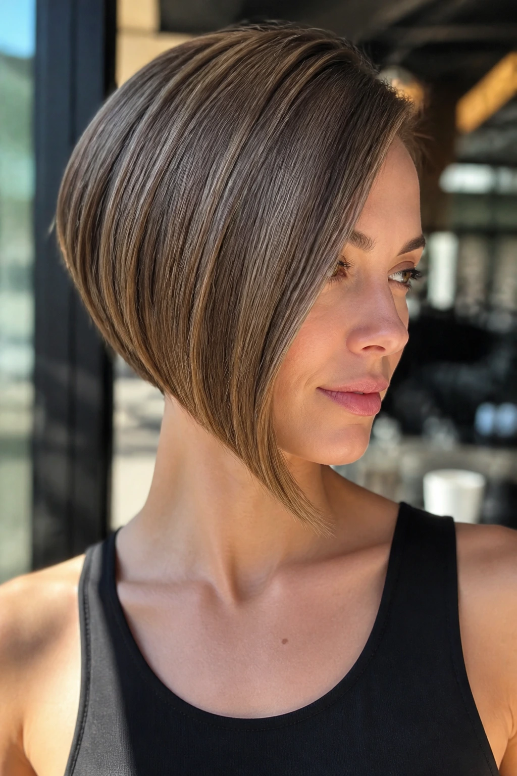 Portrait of a woman with an inverted bob showing shorter back and longer front.