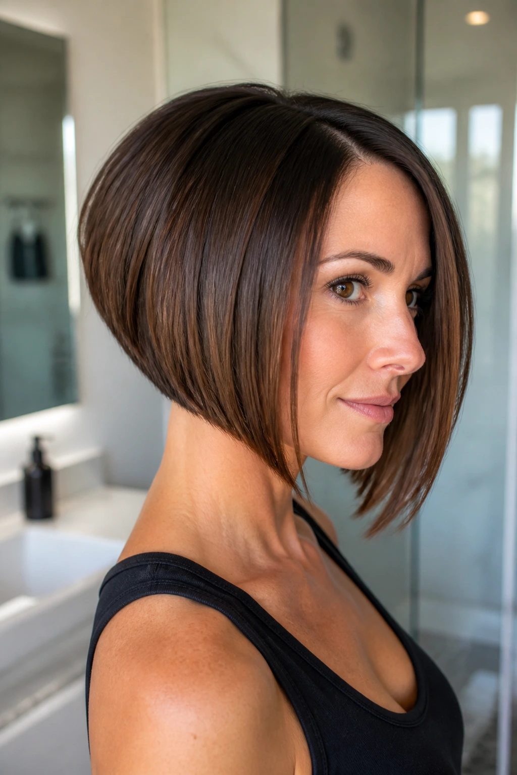 Close-up of a real woman with an inverted bob showing shorter in back and longer front.
