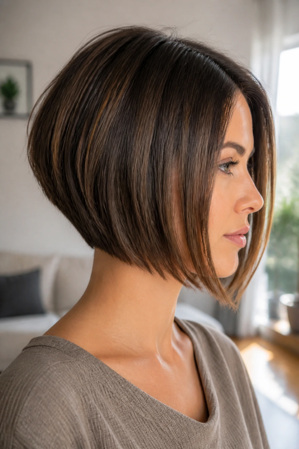 Profile view of a real woman with an inverted bob showing a shorter back and longer front