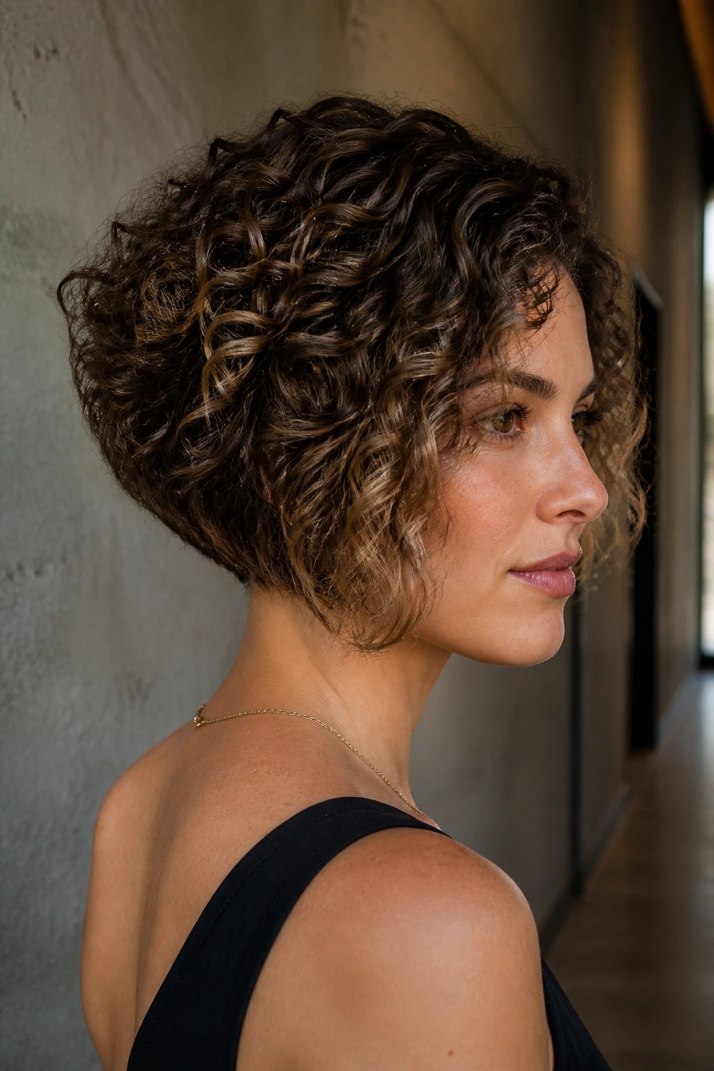 Portrait of a real woman with inverted bob showing shorter back and longer front.