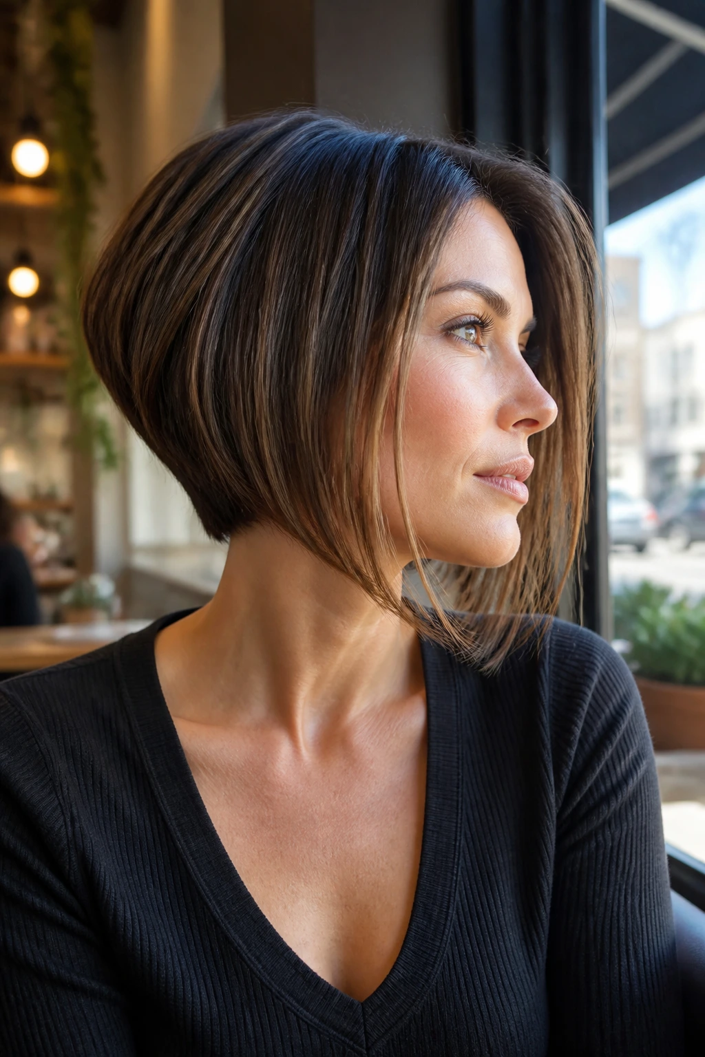 Close-up portrait of a real woman with an inverted bob showing stacked back and longer front.