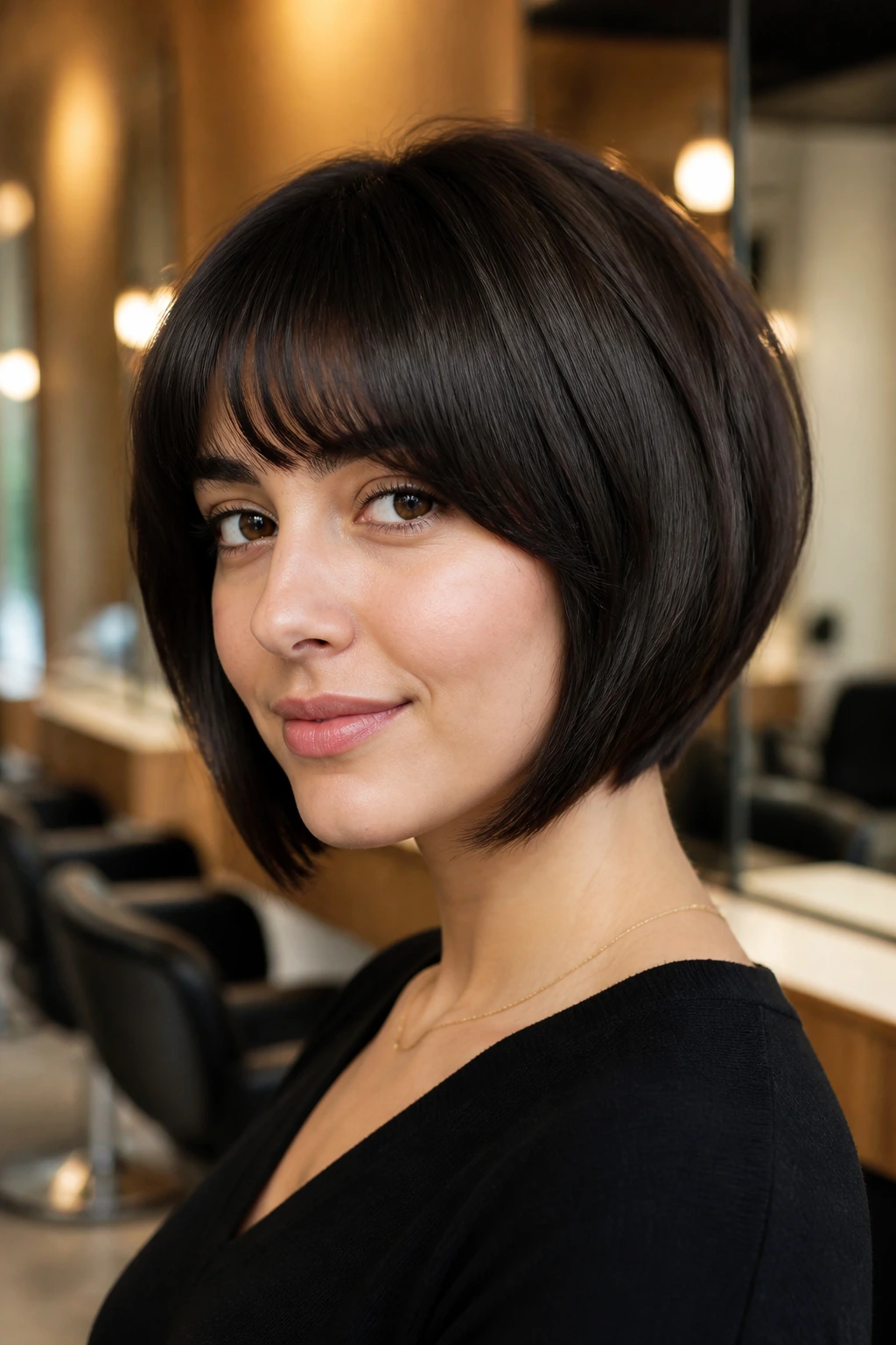 Close-up portrait of a real woman with an inverted bob and rounded fringe in a modern salon