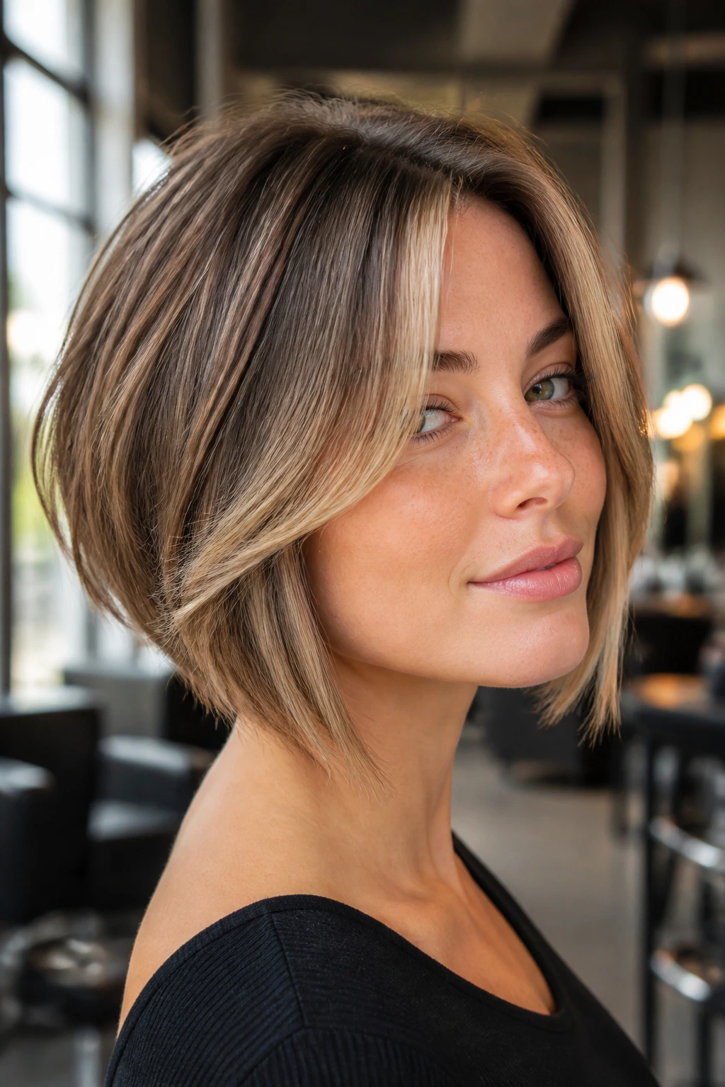 Close-up of real woman with inverted bob and sculpted curtain bangs in a salon-like setting