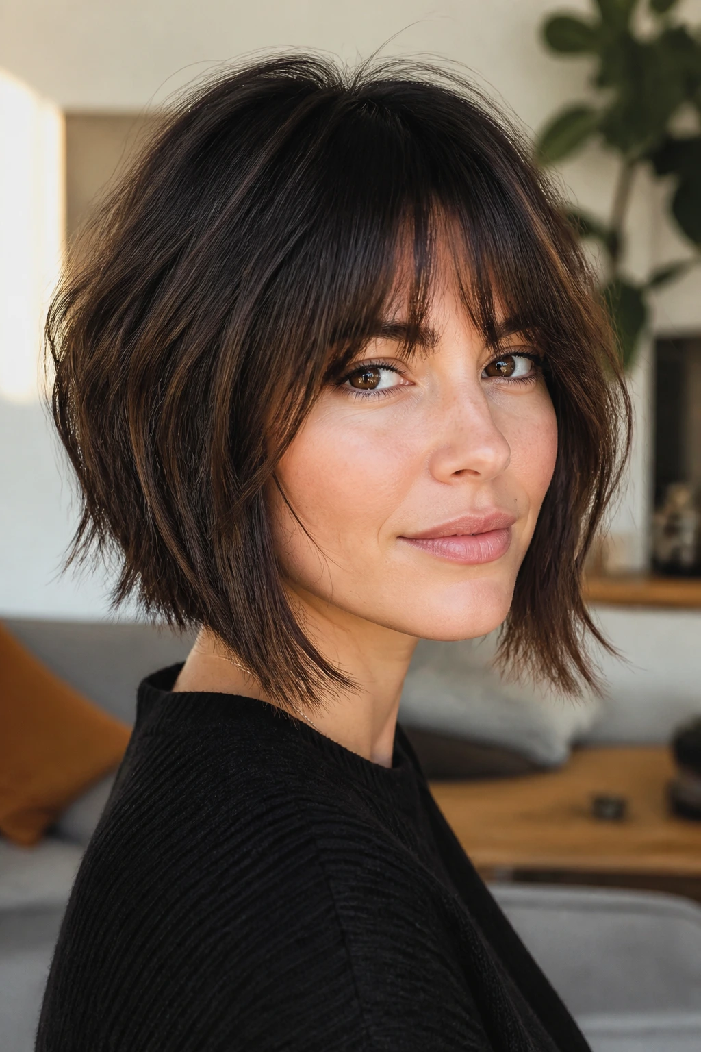 Brunette woman wearing a relaxed inverted bob with shaggy fringe