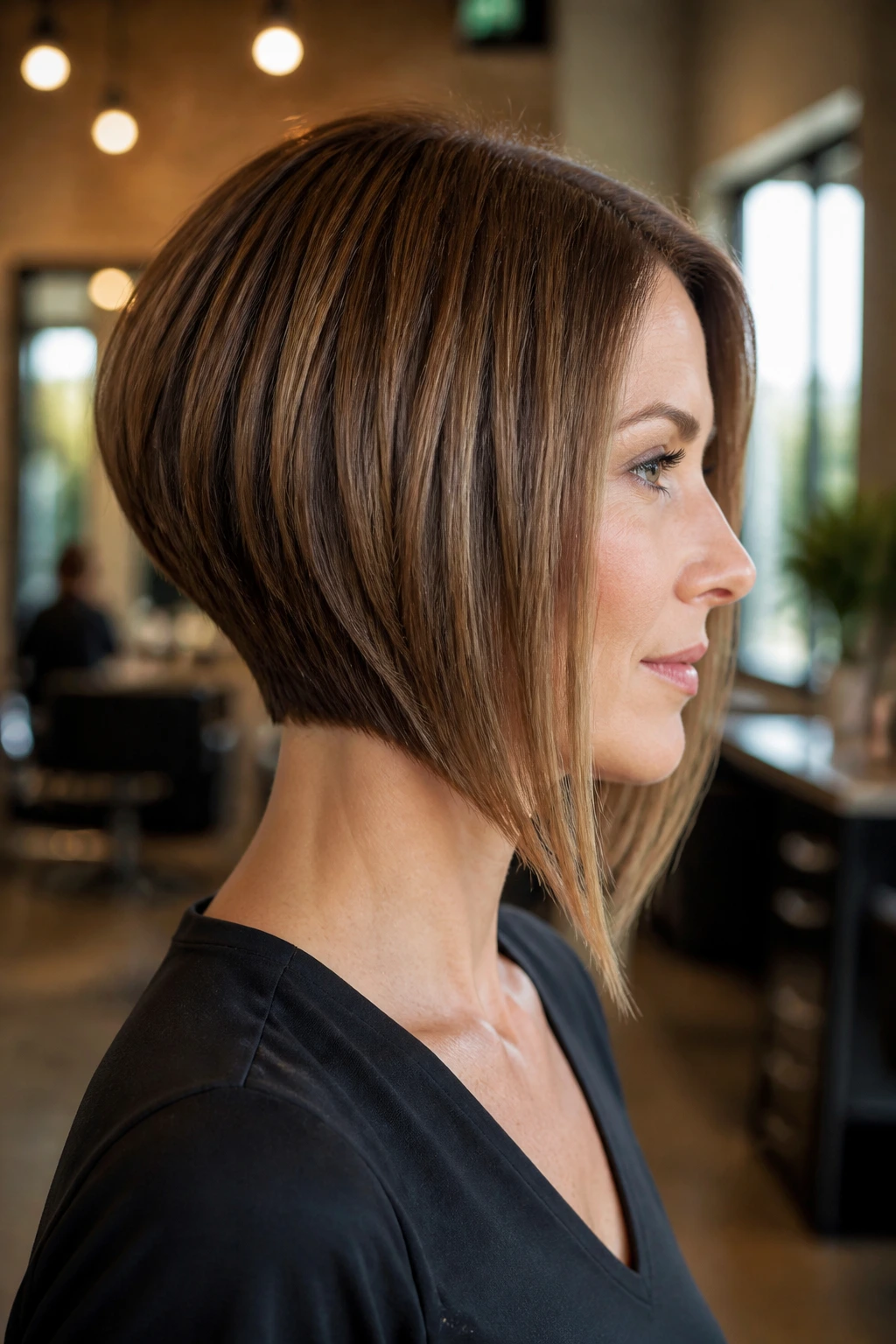 Side-profile portrait showing inverted bob line on a real person