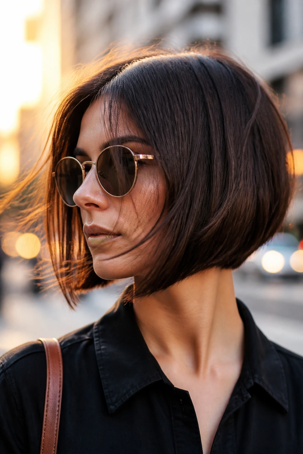 Real woman with a shape-holding inverted bob outdoors in wind