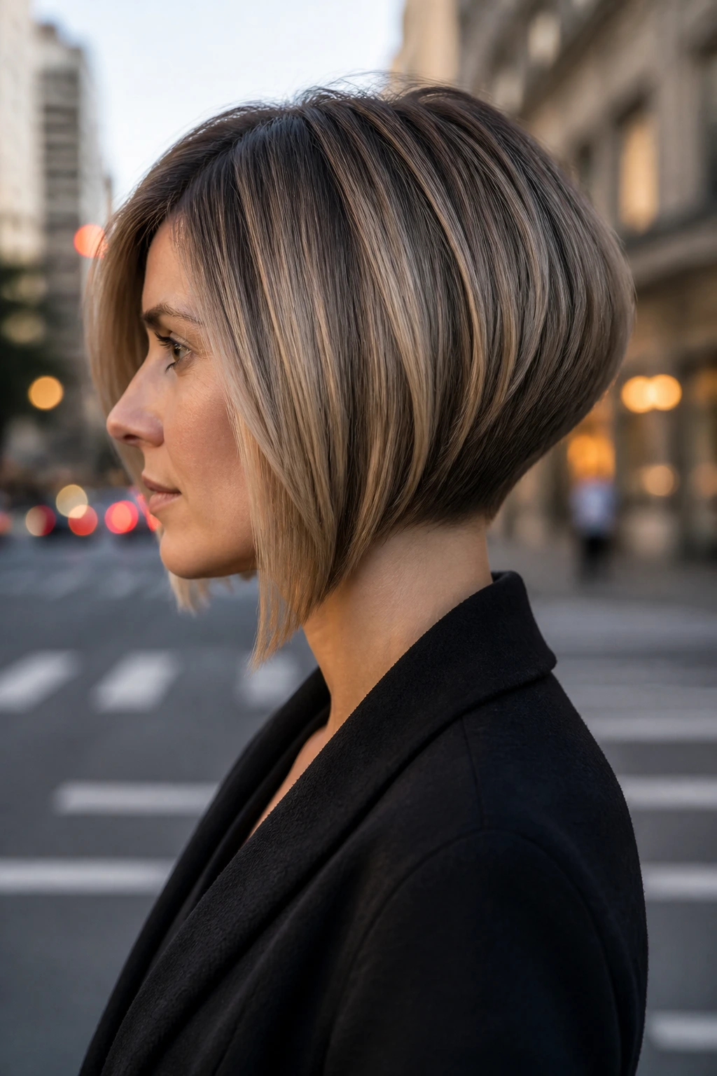 Profile of a real woman with an inverted layered bob and sharp angle.