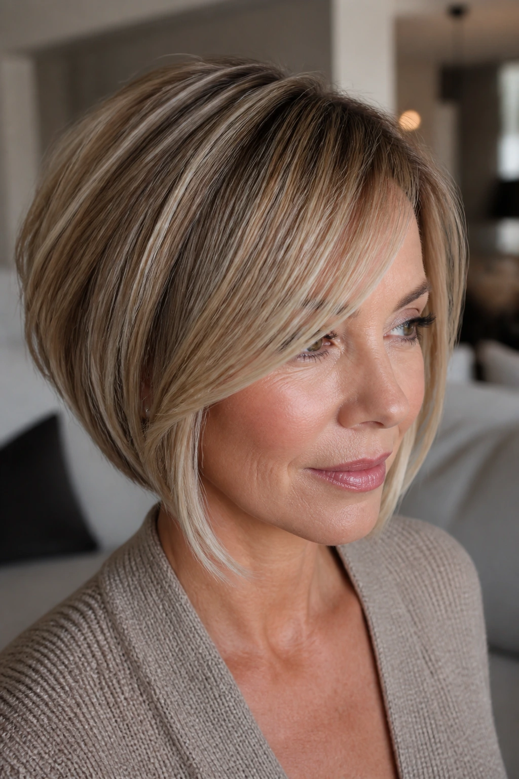 Close-up portrait of real woman with inverted bob and side fringe
