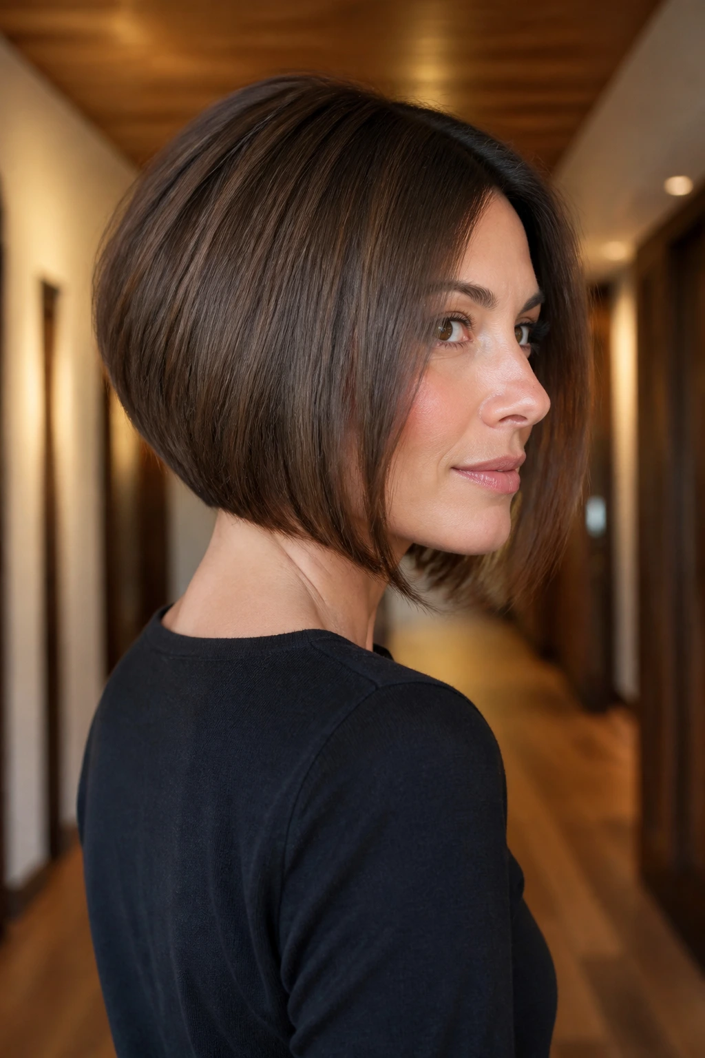Three-quarter portrait of a real woman with an inverted bob featuring a soft nape and longer front pieces.