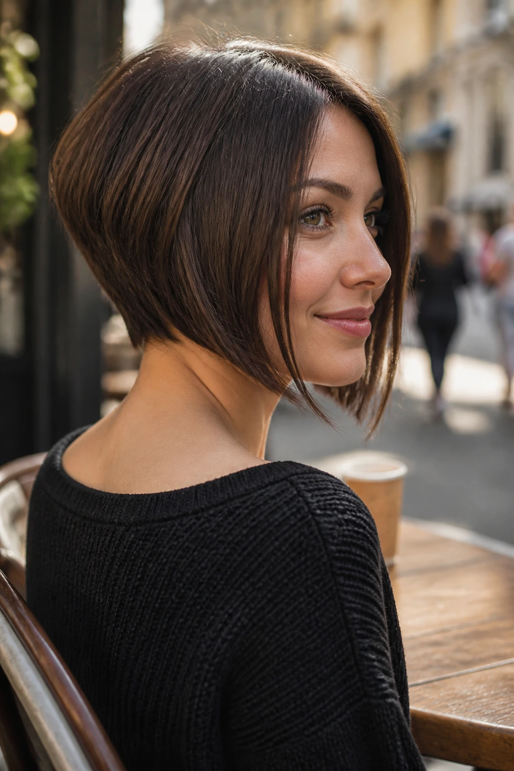 Close-up of a woman with an inverted bob showing back stack and front length in a cafe setting