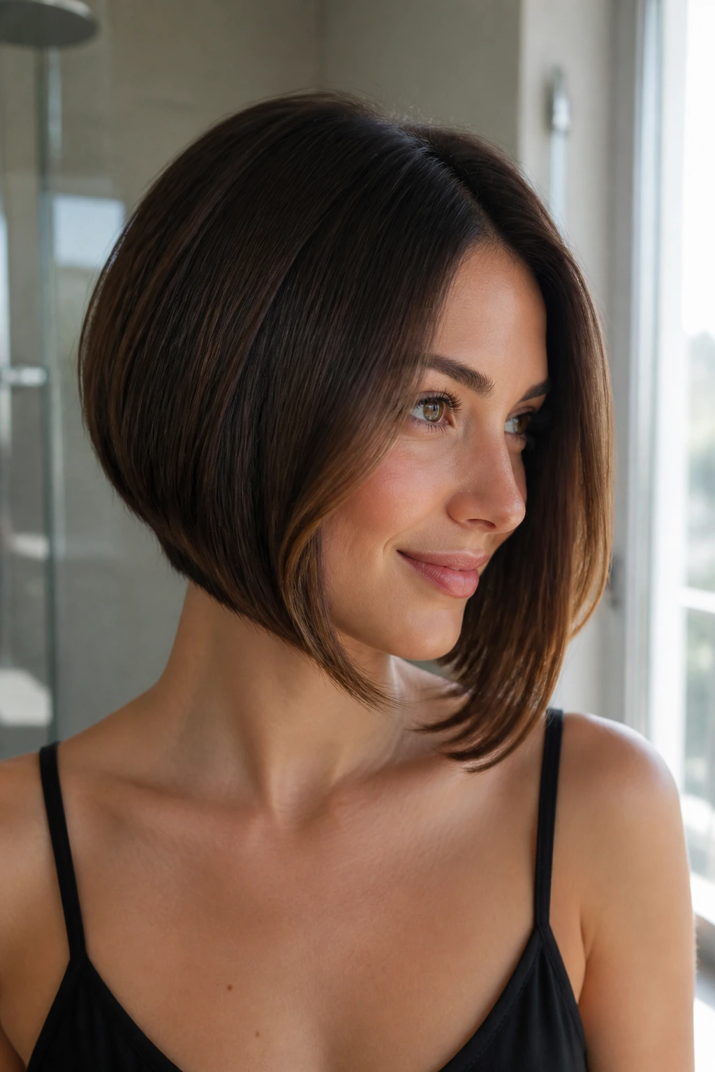 Real woman with inverted bob styled to maintain the line