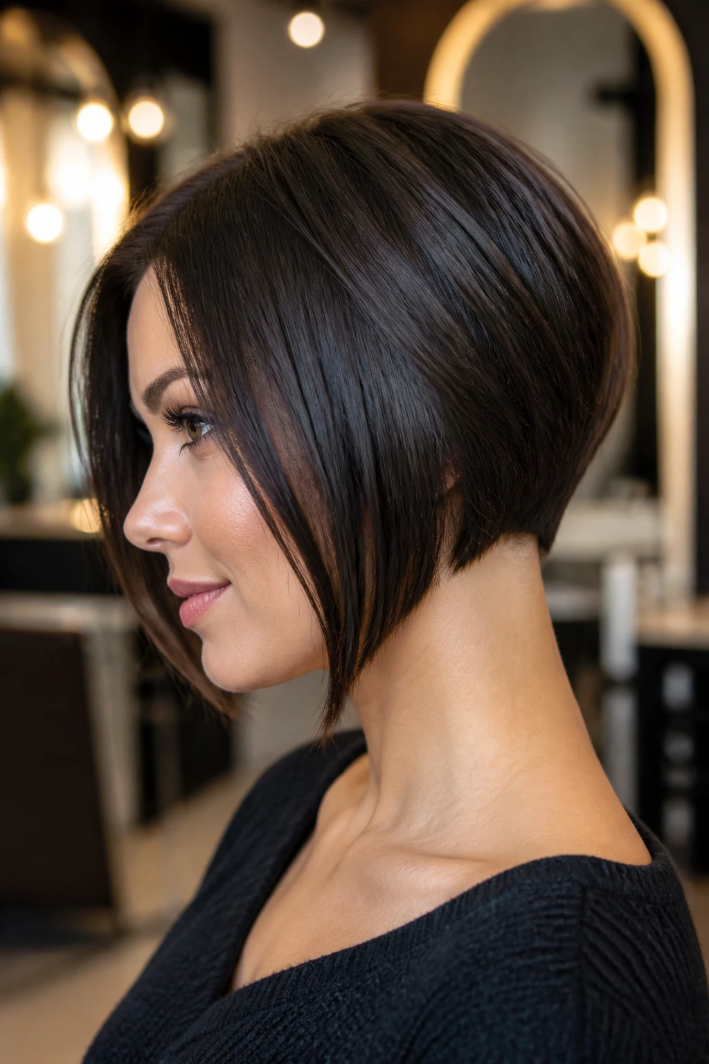 Close-up of a real woman with an inverted bob showing tapered nape and longer front sections.