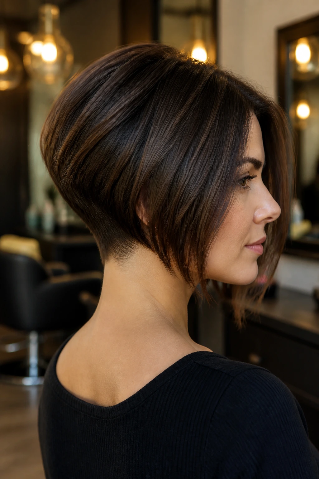 Three-quarter view of a real woman with inverted asymmetrical bob and tapered nape