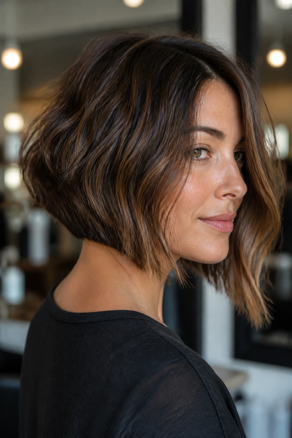 Portrait of a real woman with inverted bob showing natural texture