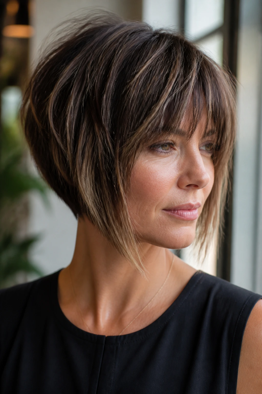 Portrait of a woman with an inverted bob and textured fringe