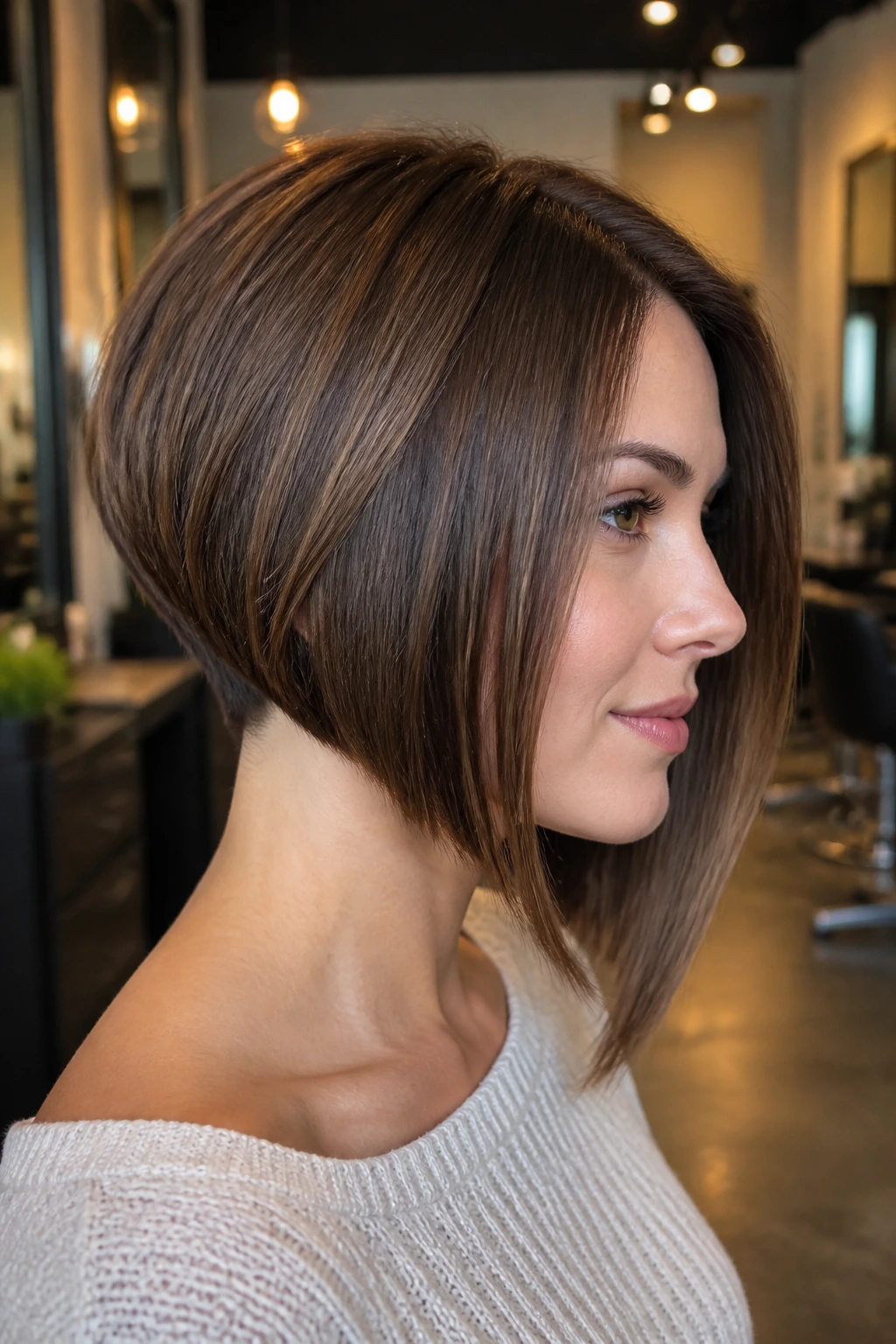 Portrait of a real woman with inverted bob and sharp front sweep