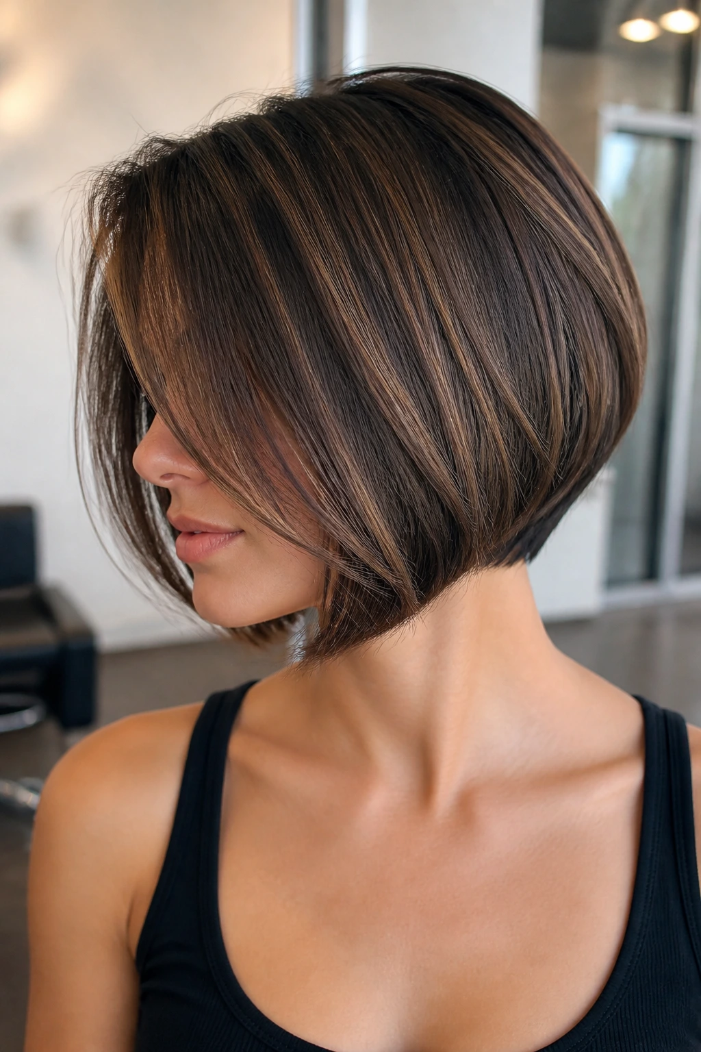 Real woman with inverted bob; back shorter, front longer with clean underline