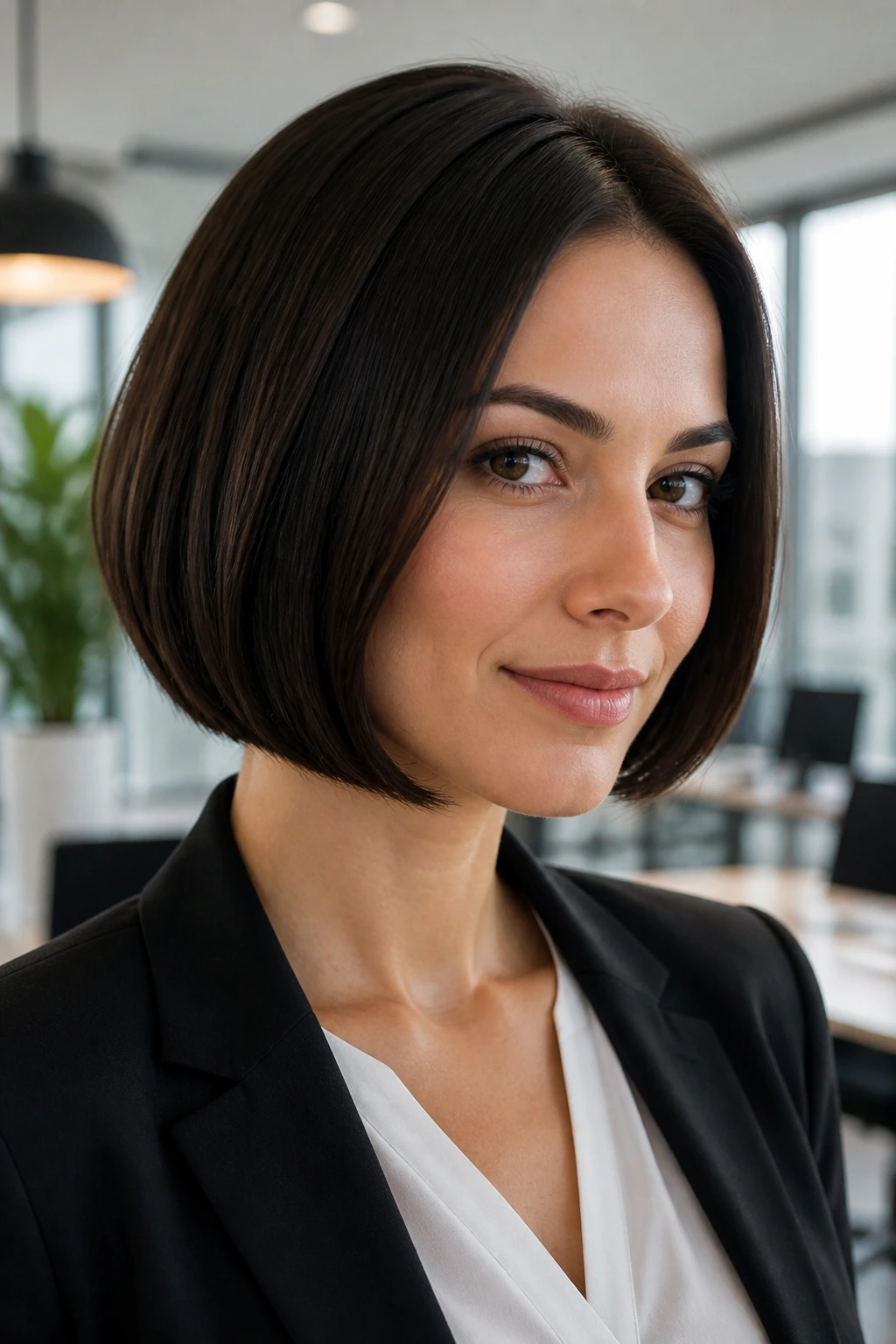 Portrait of real woman with polished office angle inverted bob