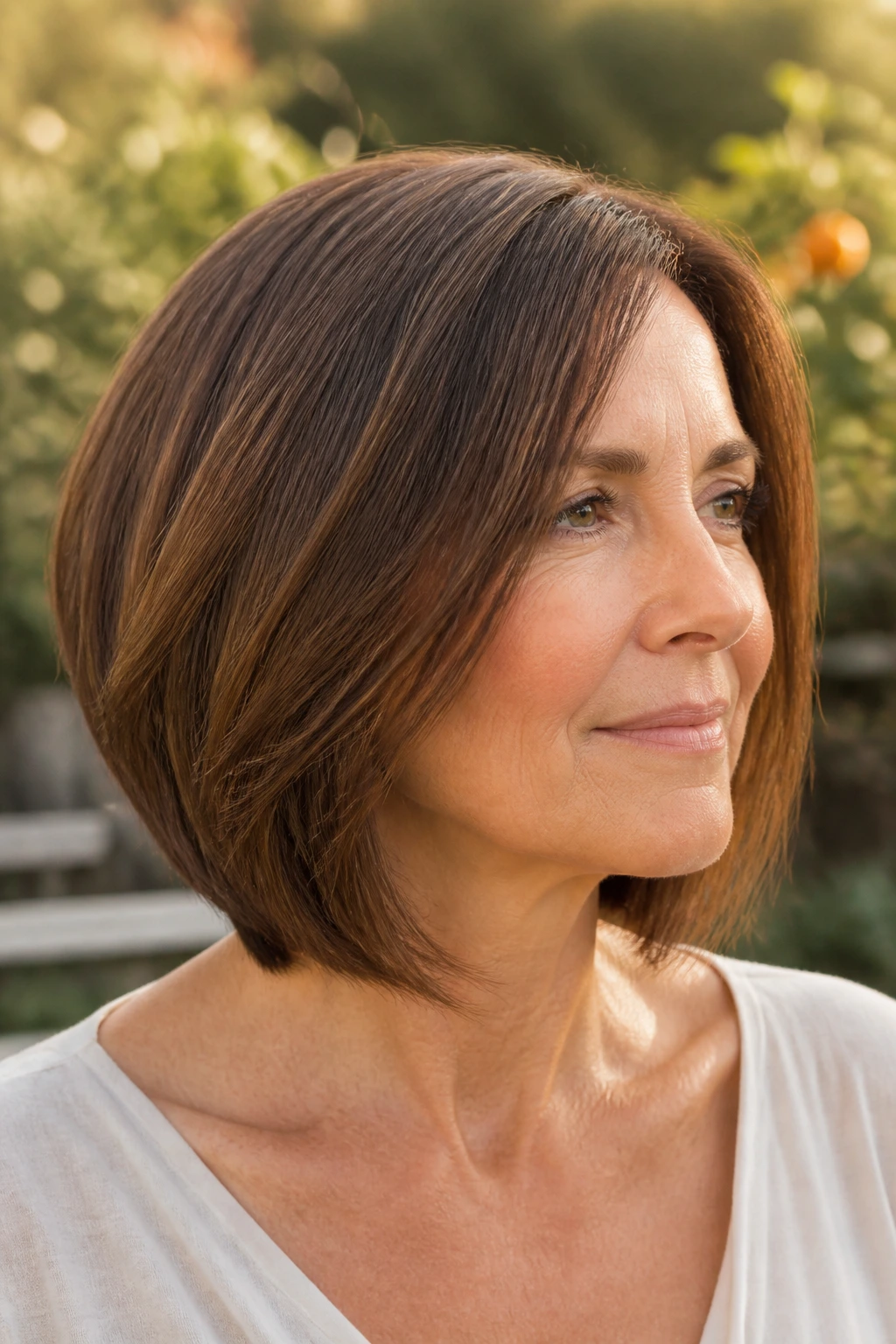 Three-quarter view of a real woman with inverted chestnut lob at the back