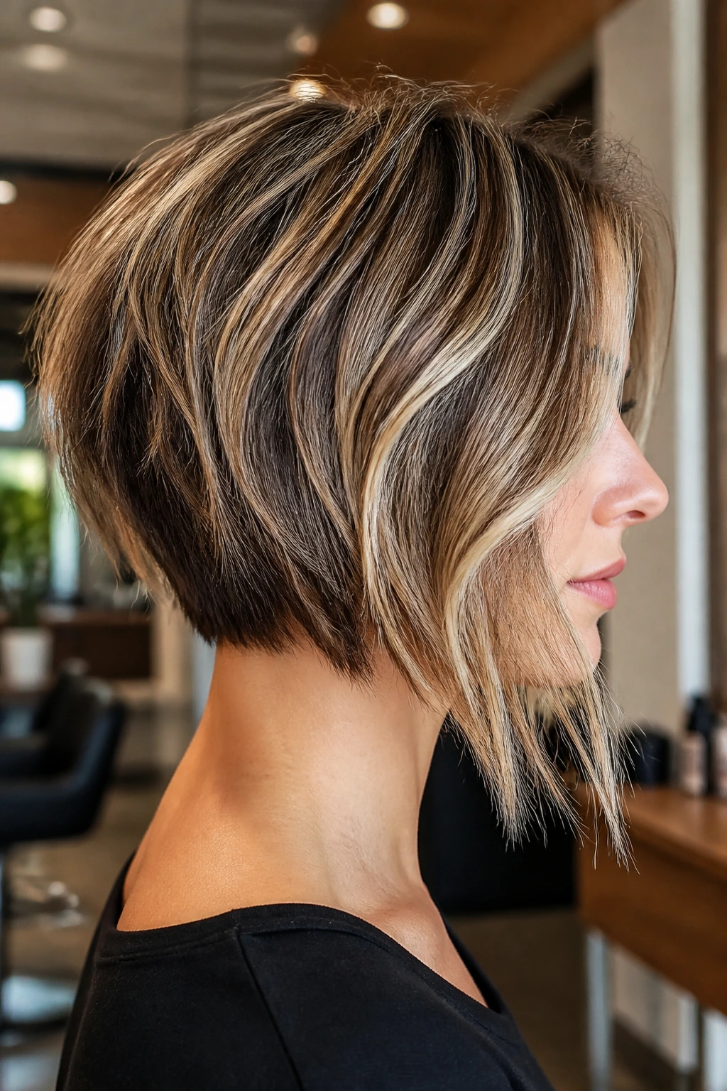 Close-up portrait of a real person with inverted choppy bob and champagne highlights in a salon