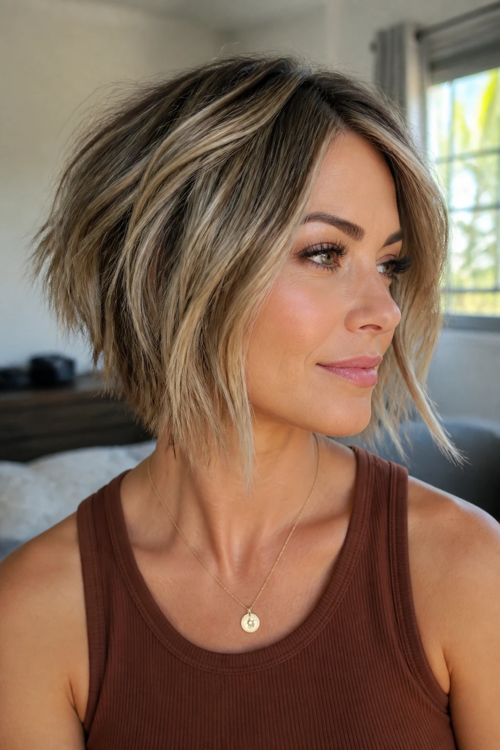 Close-up of a real woman showing an inverted choppy bob with a short back and longer front
