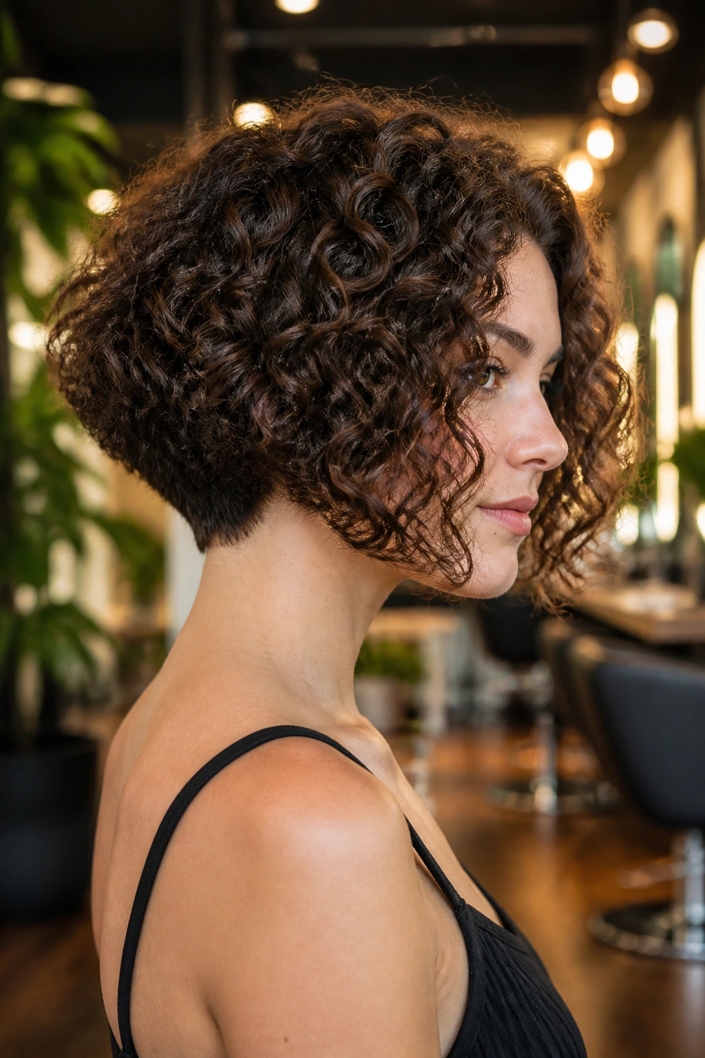 Three-quarter portrait of a real person demonstrating a strong back line in an inverted curly bob, front longer and clean neck curve.