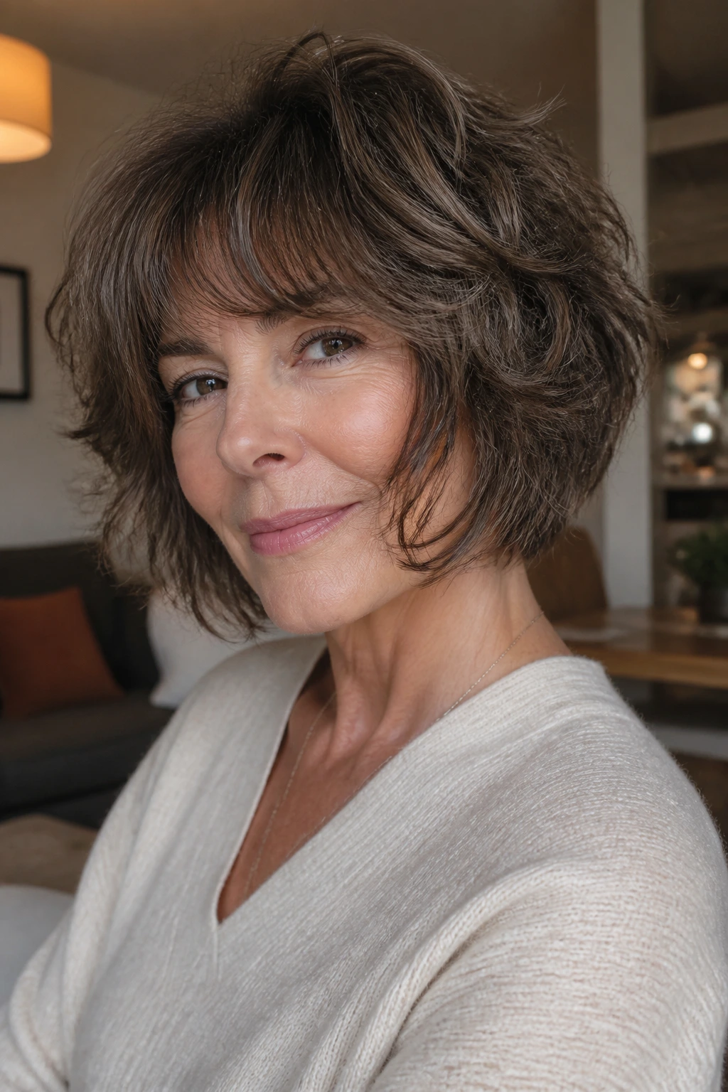 Close-up of a real woman with an inverted curly bob and cheekbone-grazing bangs in a warm living room.