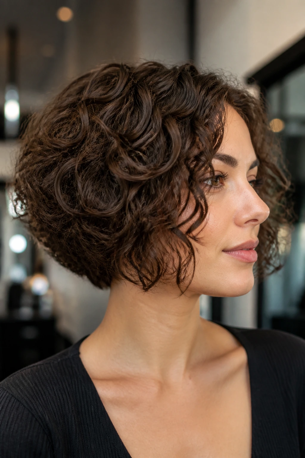 Close-up of a real woman with an inverted curly bob featuring cheekbone-length fronts in natural window light