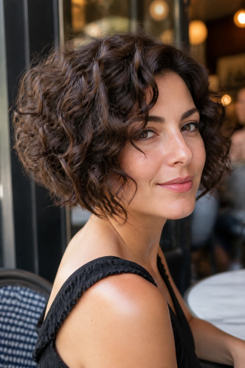 Real woman with inverted curly bob and crown lift in warm street-side cafe