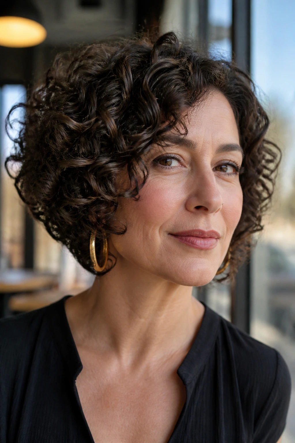 Close-up portrait of a real woman with inverted curly bob for dense hair