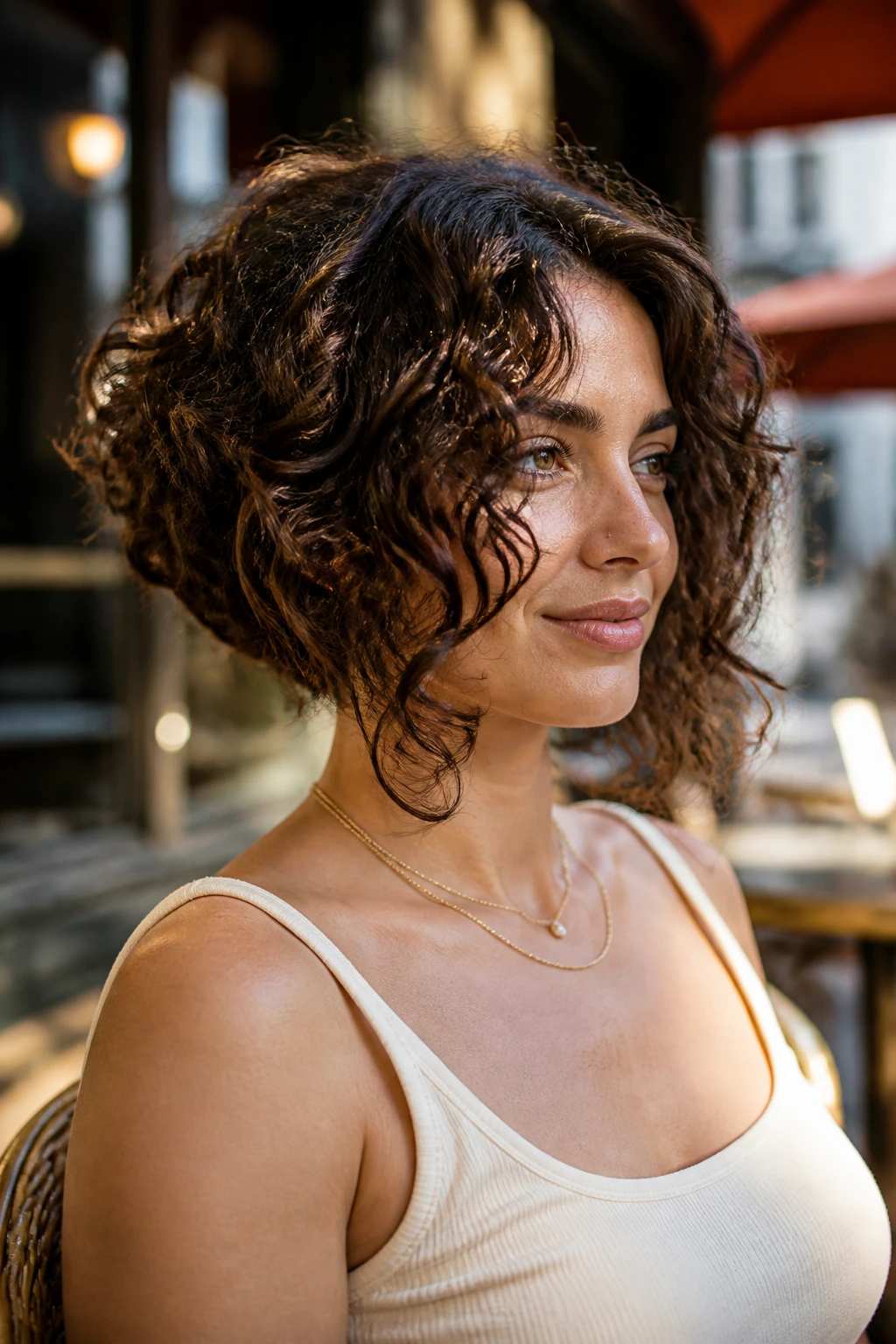 Portrait of a real woman with inverted curly bob showing front-lengths and short back.