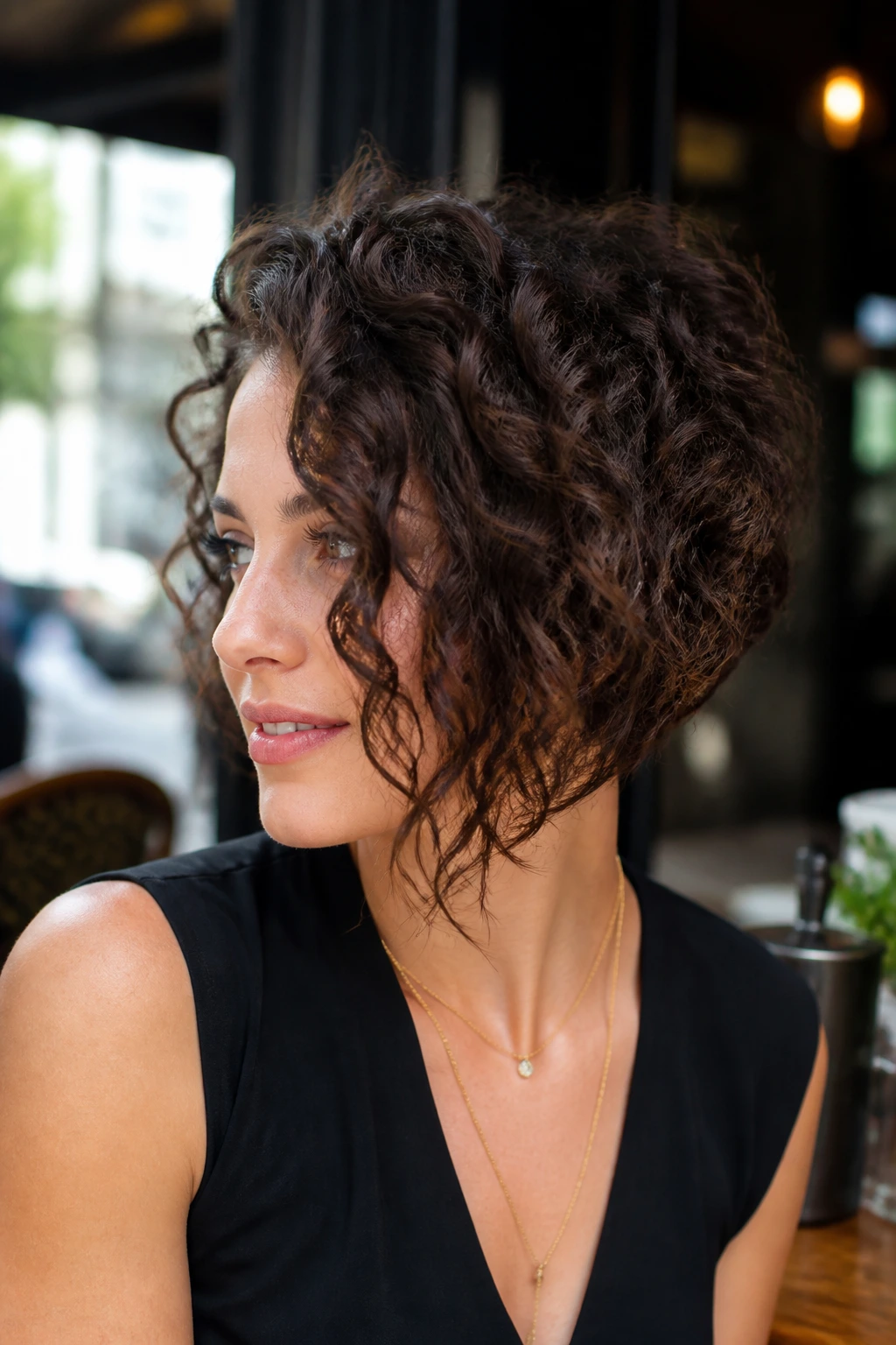 Portrait of a real woman with an inverted curly bob showing shorter back and longer front.