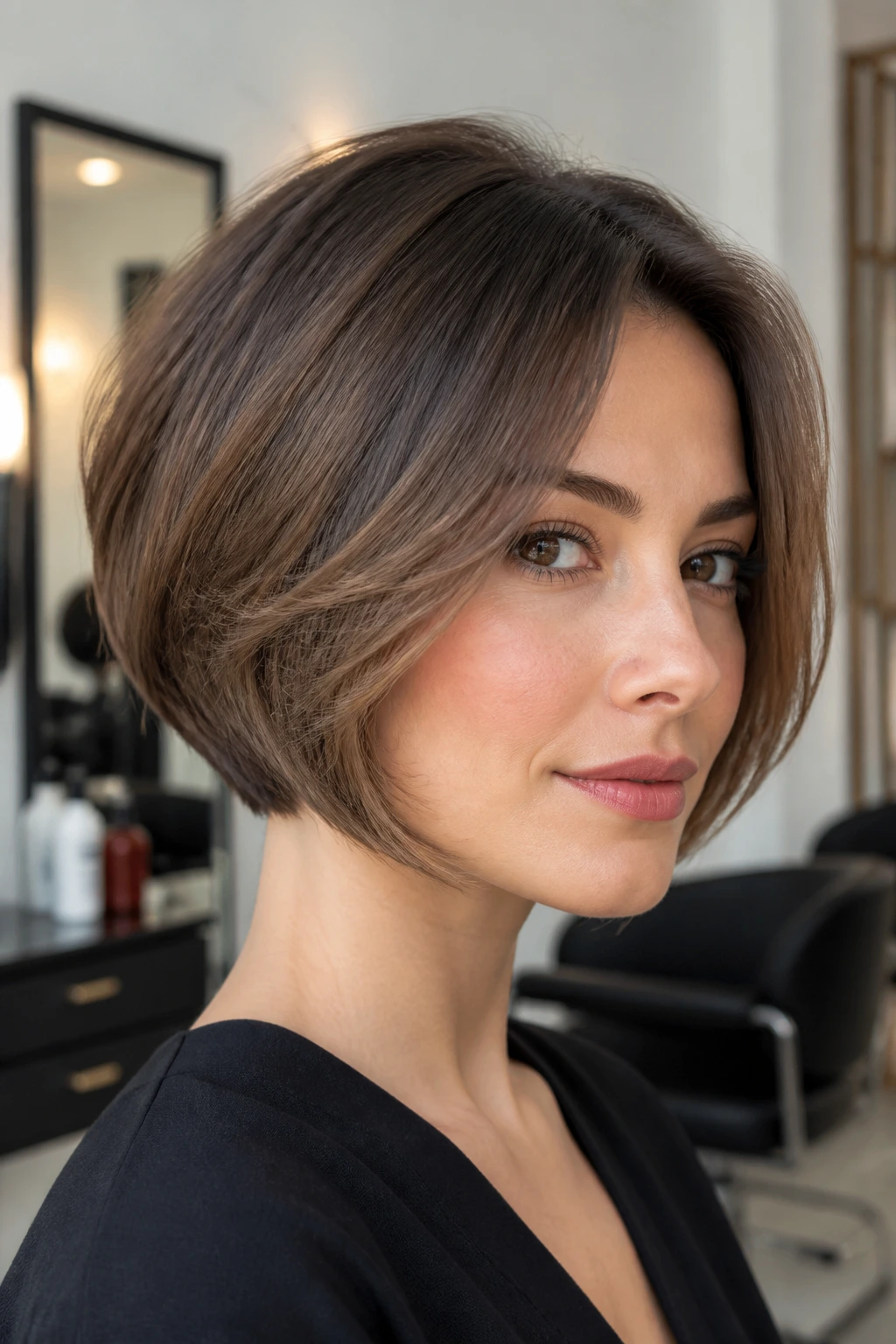 Close-up of a real woman with an inverted feathered bob and tucked nape.