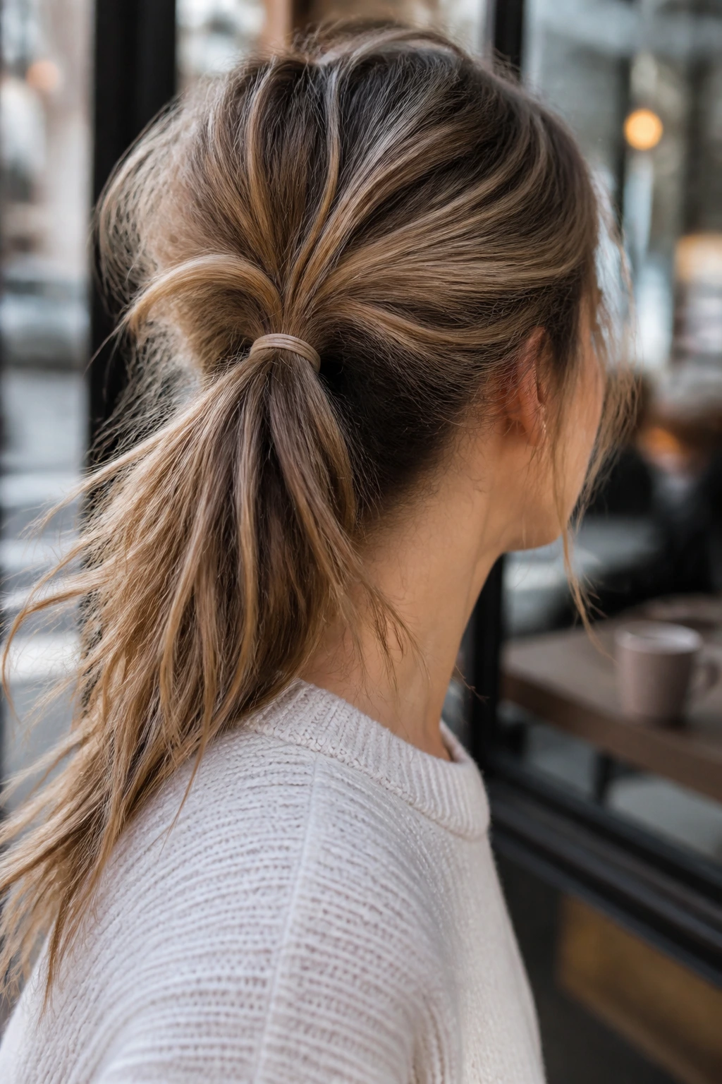 Close-up portrait of a real woman with Inverted Flip-Through Messy Ponytail showing inward flip at the base